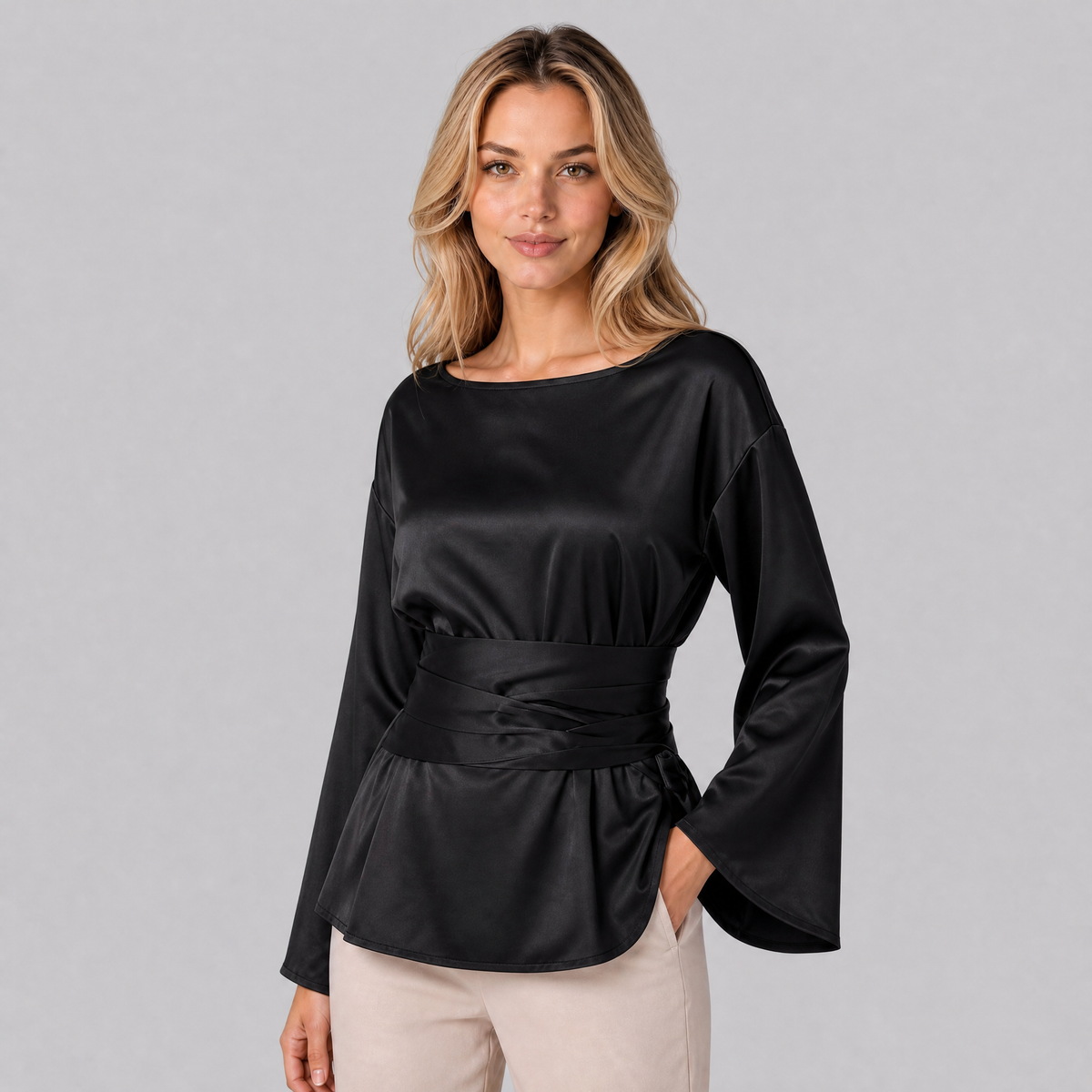 Women's Satin Tie-Waist Regular-Fit Smart Blouse