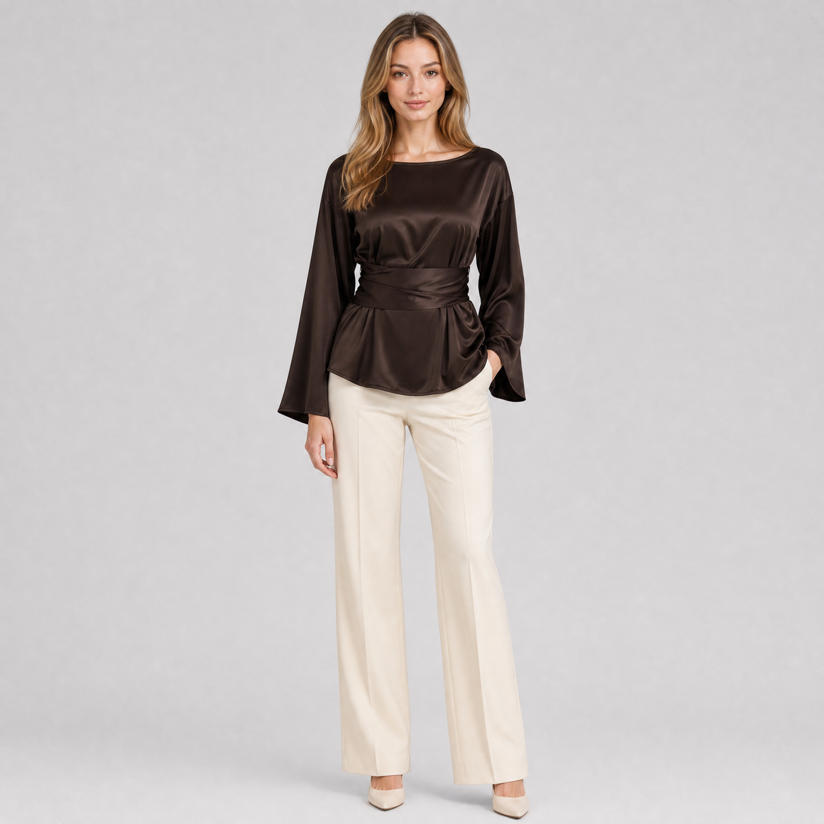 Women's Satin Tie-Waist Regular-Fit Smart Blouse