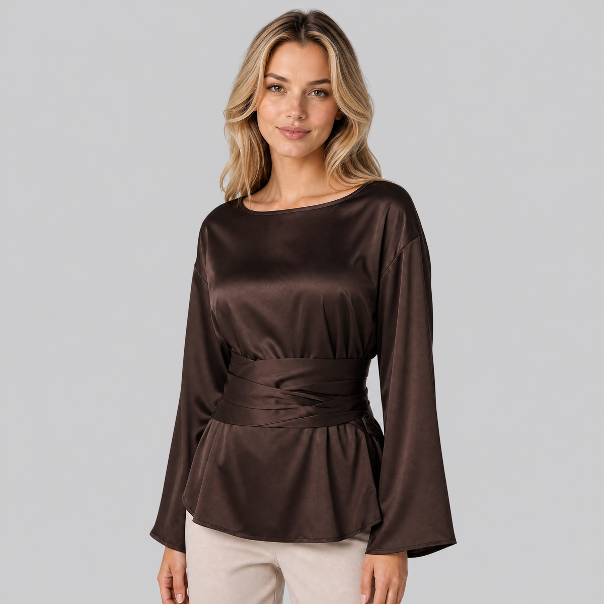 Women's Satin Tie-Waist Regular-Fit Smart Blouse
