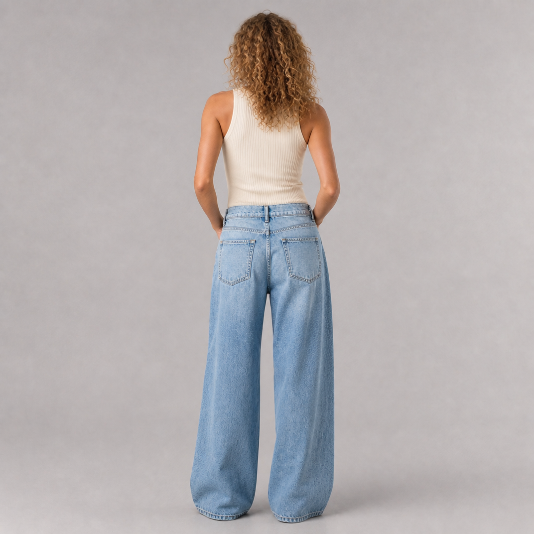 Women’s Sculptural Pleated-Wing Wide-Leg Jeans