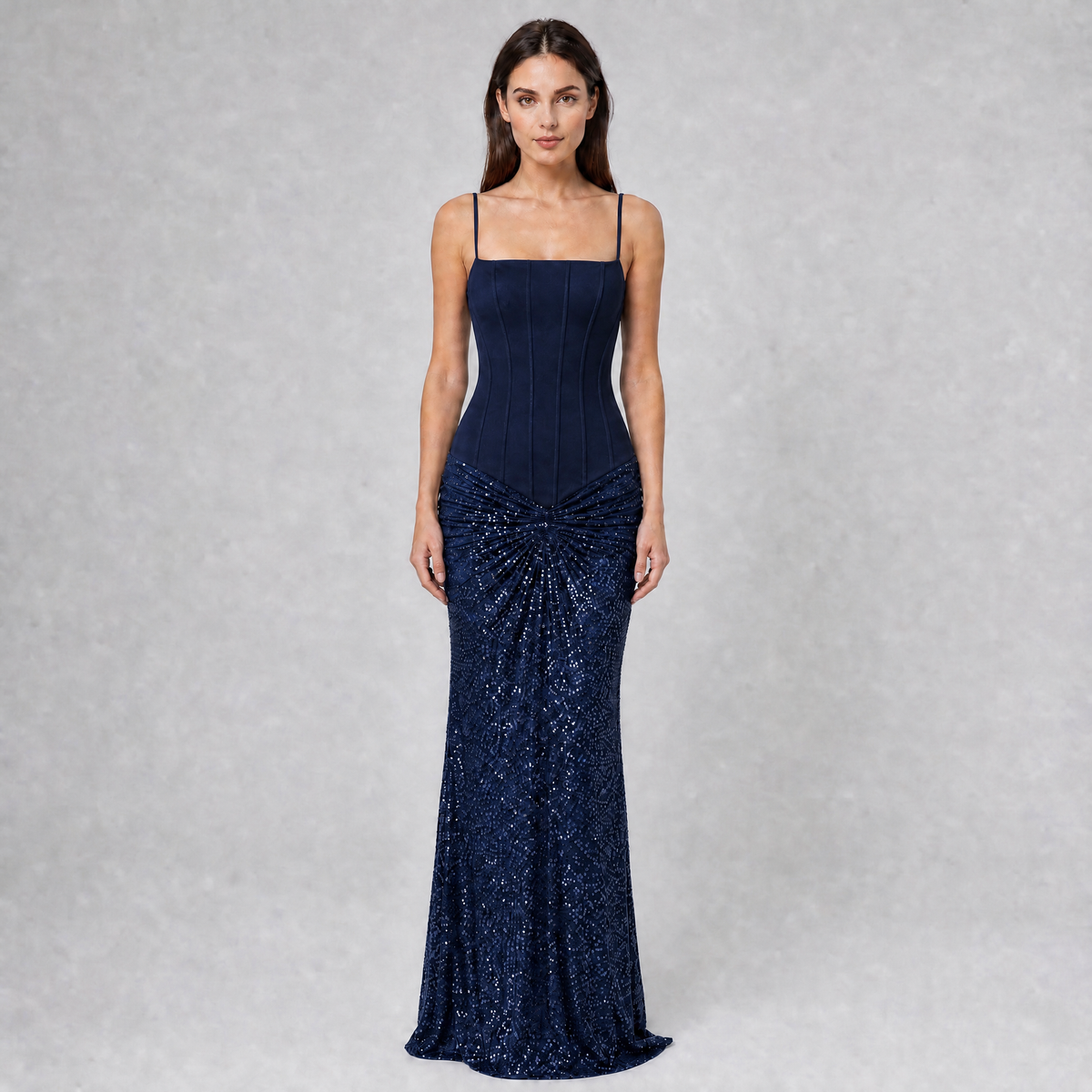 Women's Sequin Corset Square Neck Evening Maxi Dress