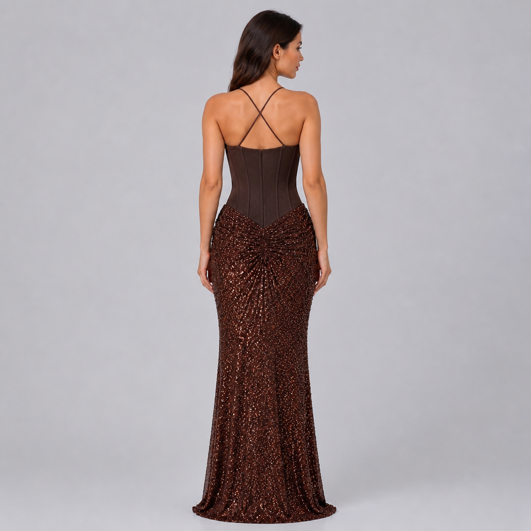 Women's Sequin Corset Square Neck Evening Maxi Dress