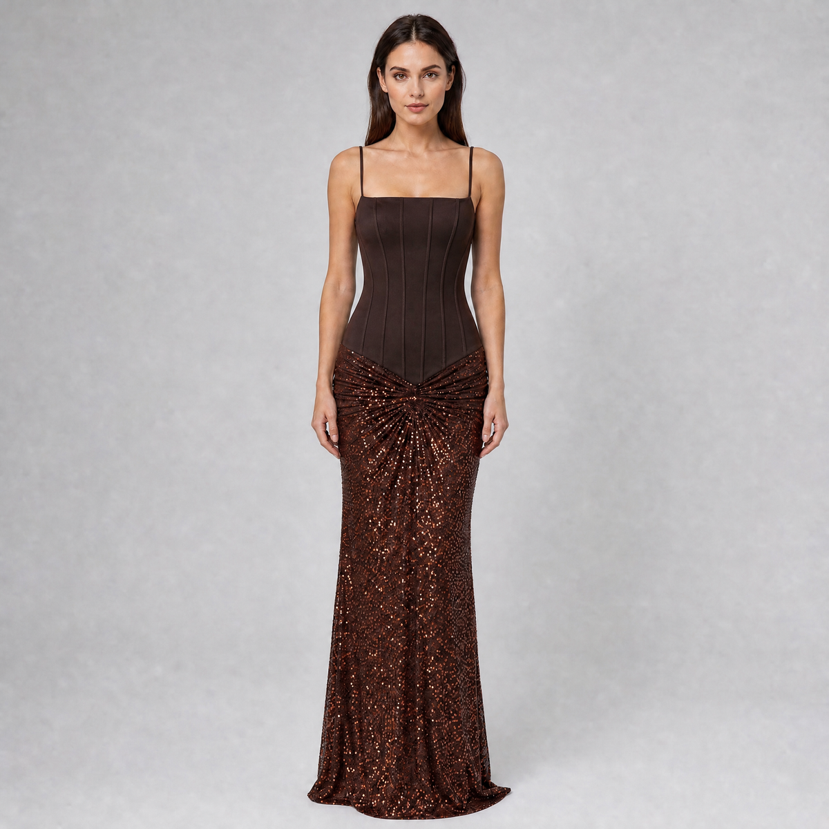 Women's Sequin Corset Square Neck Evening Maxi Dress