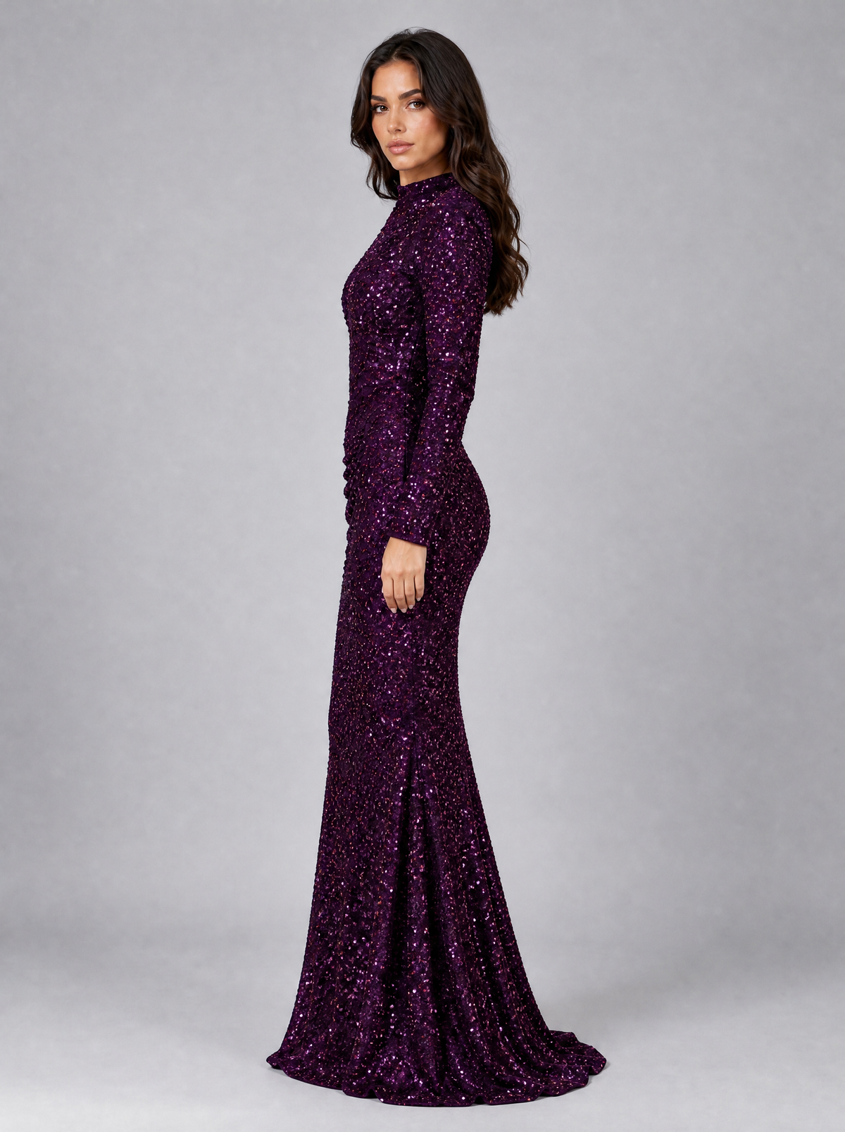 Women's Sequin High Neck Long Sleeve Evening Maxi Dress
