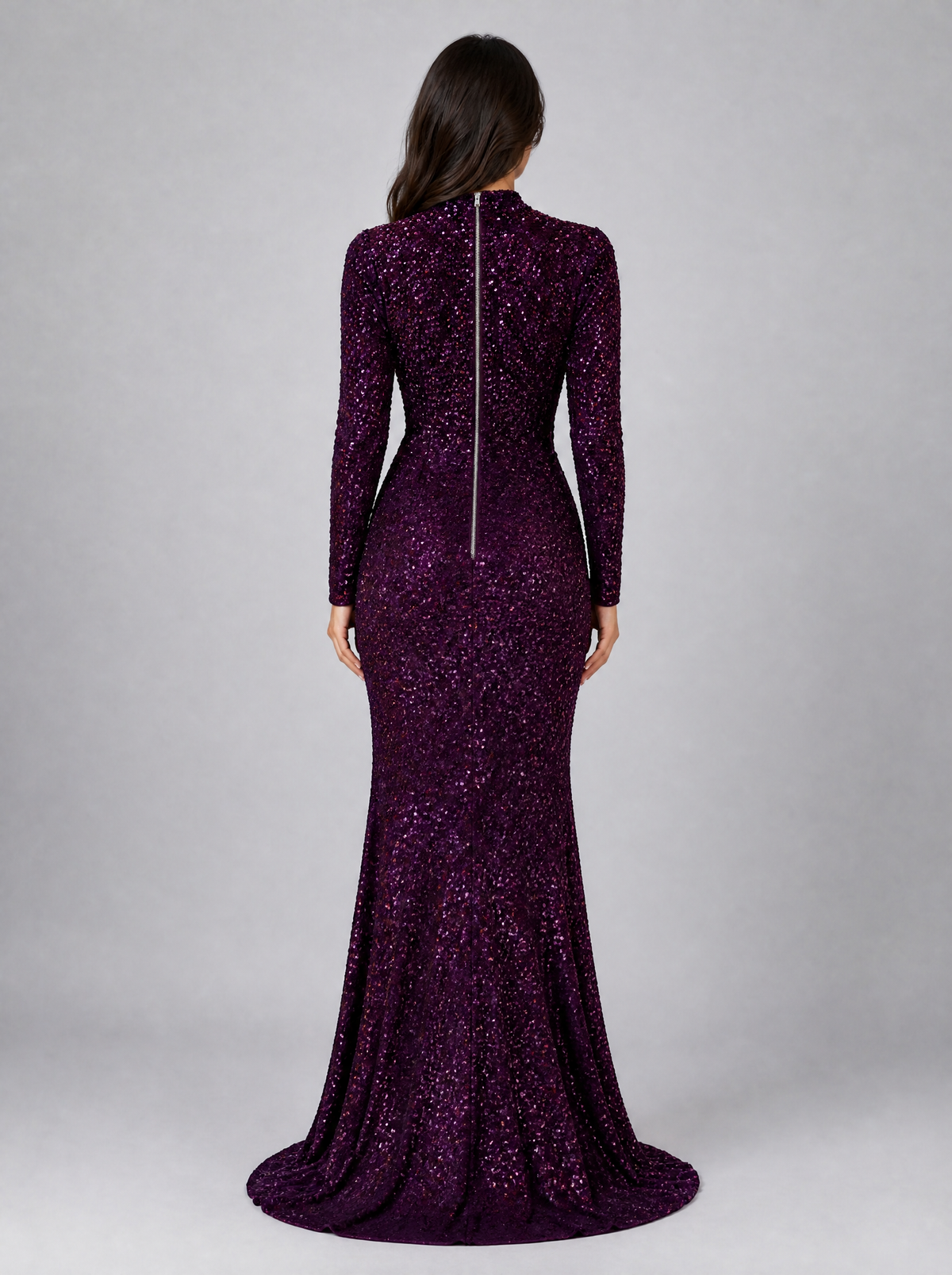 Women's Sequin High Neck Long Sleeve Evening Maxi Dress