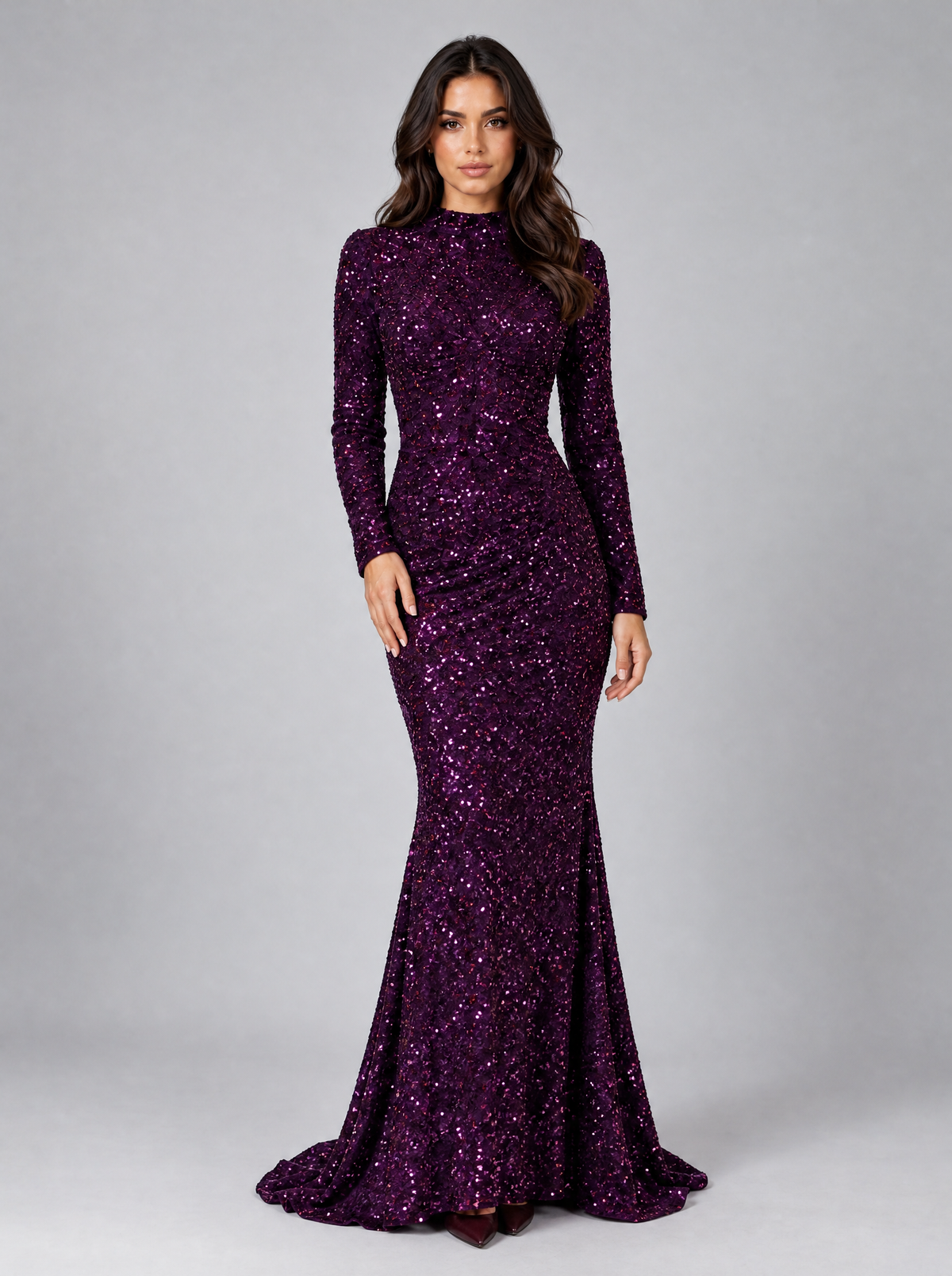 Women's Sequin High Neck Long Sleeve Evening Maxi Dress