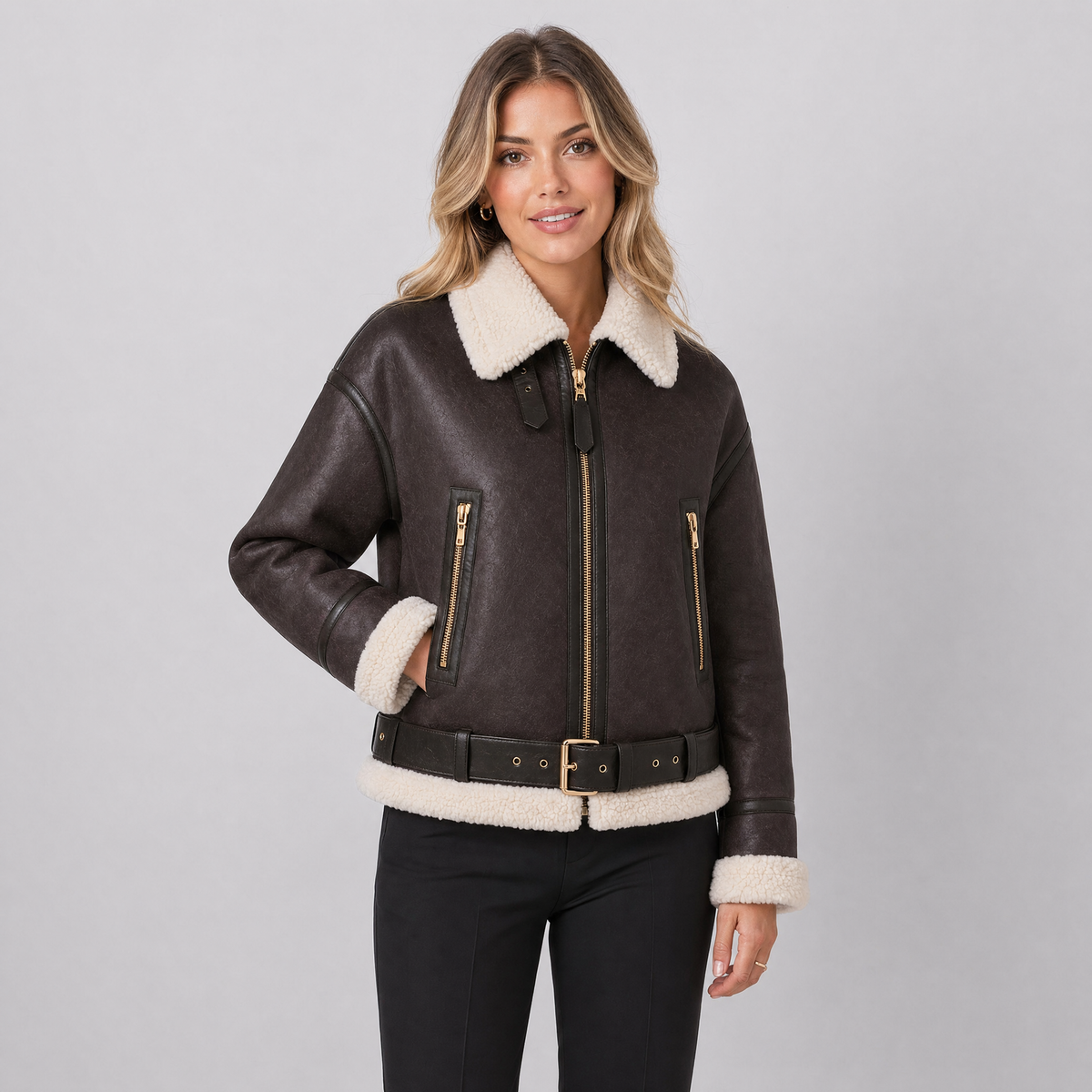 Women's Shearling Aviator Jacket – Faux Suede Biker Coat