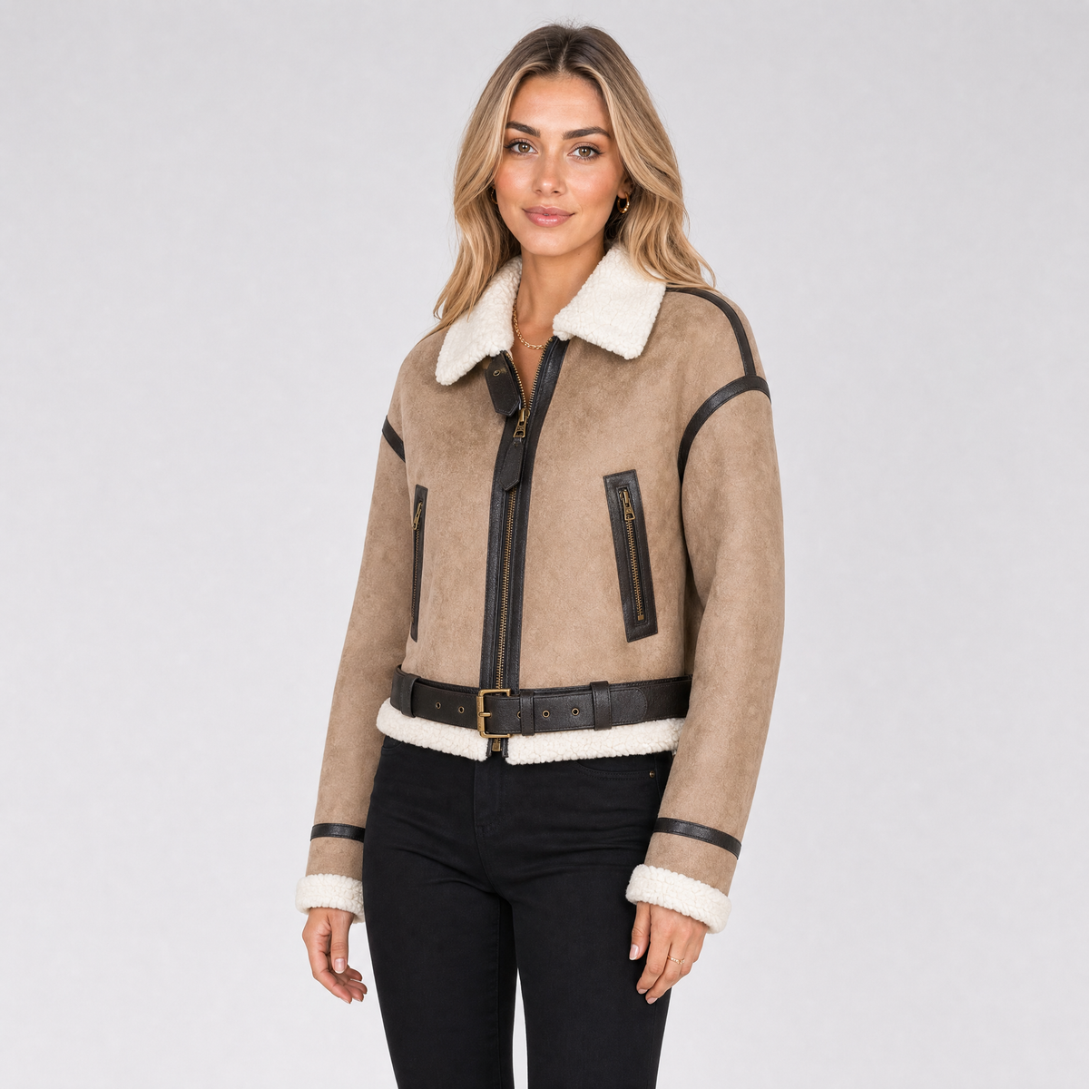 Women's Shearling Aviator Jacket – Faux Suede Biker Coat