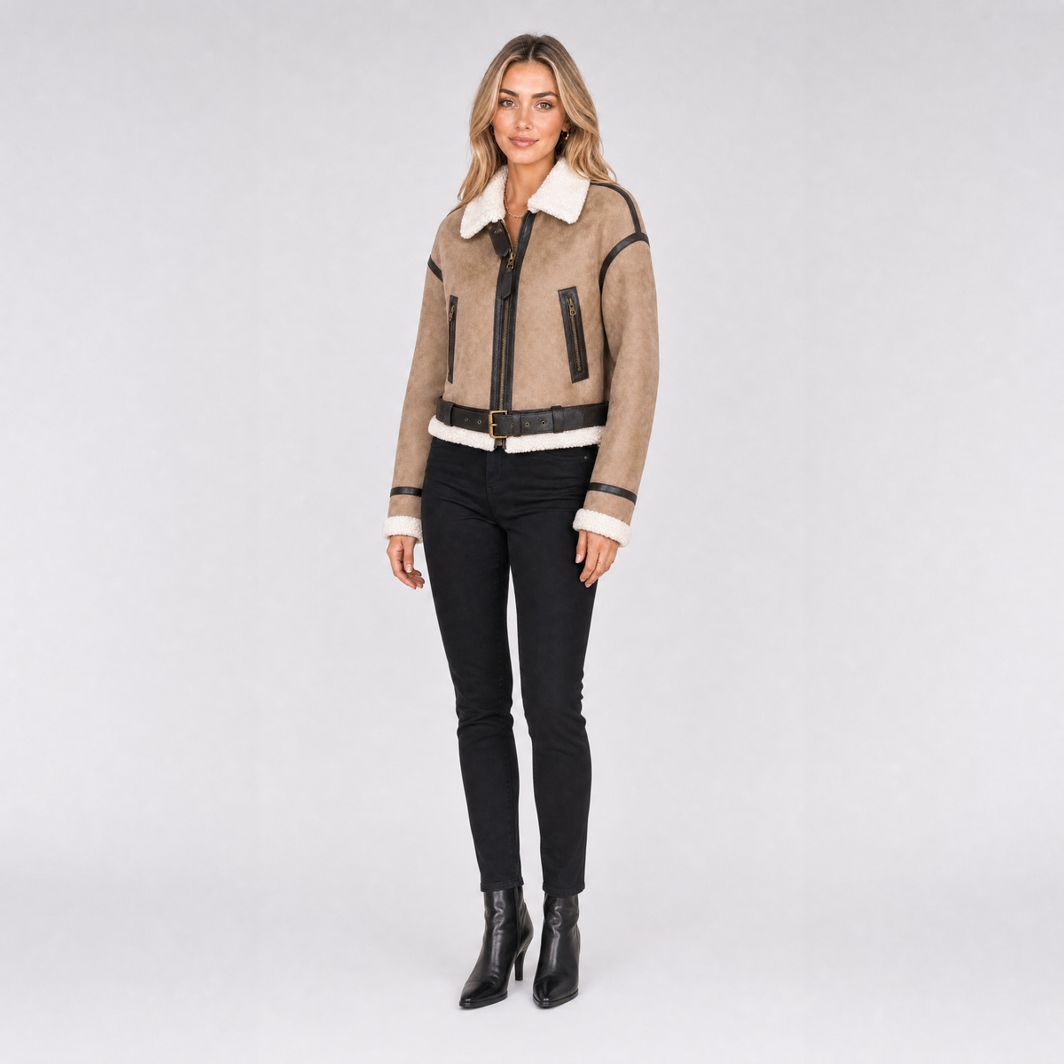 Women's Shearling Aviator Jacket – Faux Suede Biker Coat