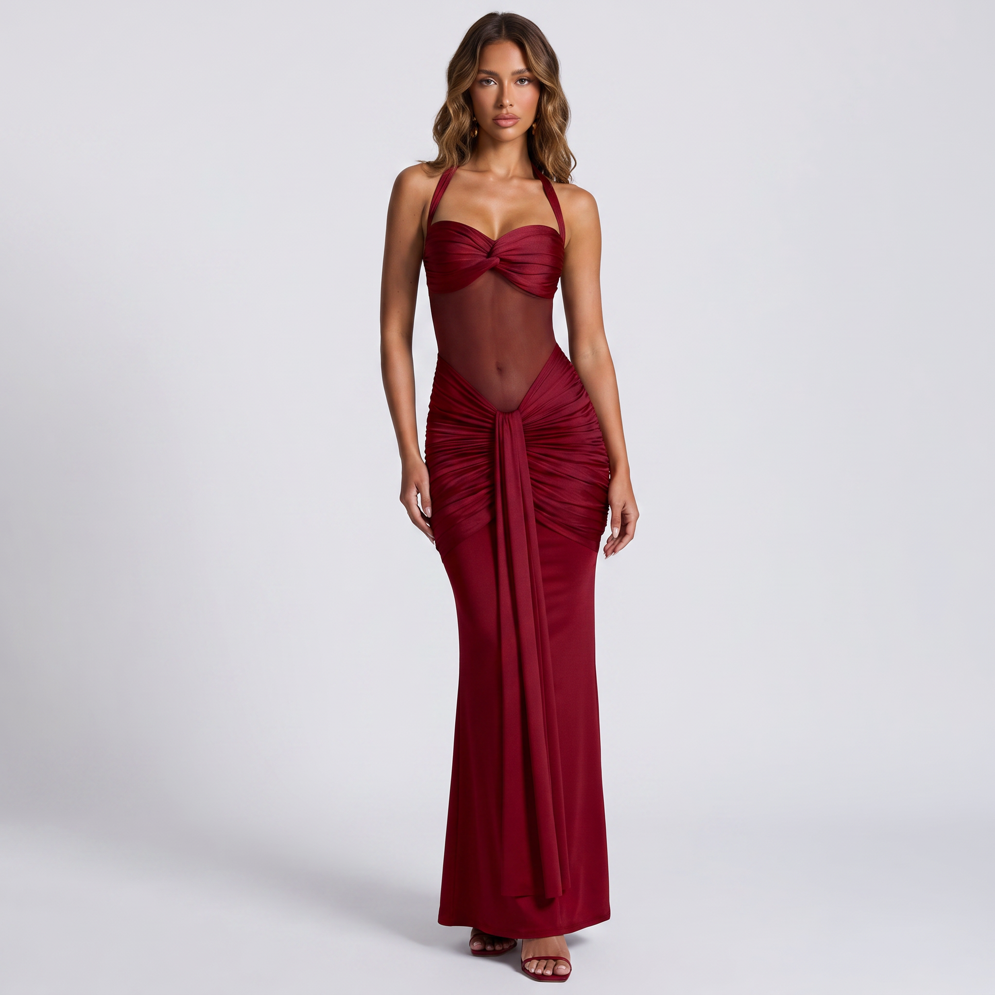 Women's Sheer Mesh Halter Maxi Dress – Dramatic Formal Gown