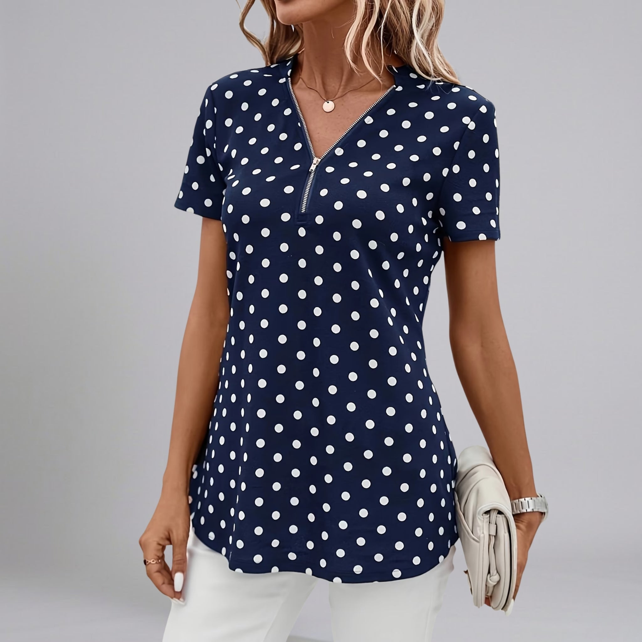 Women’s Short-Sleeve Polka Dot Zipper-Neck Blouse