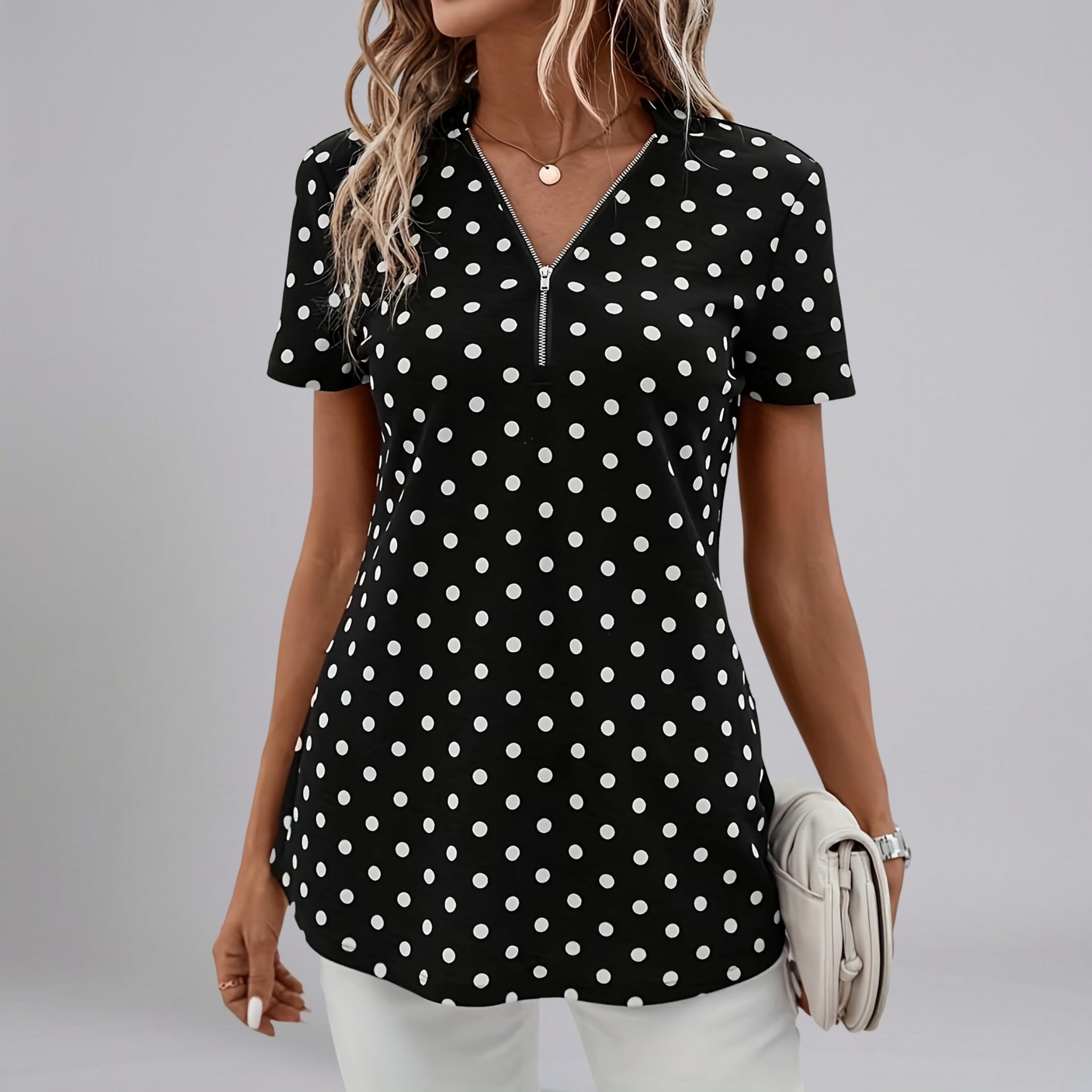 Women’s Short-Sleeve Polka Dot Zipper-Neck Blouse