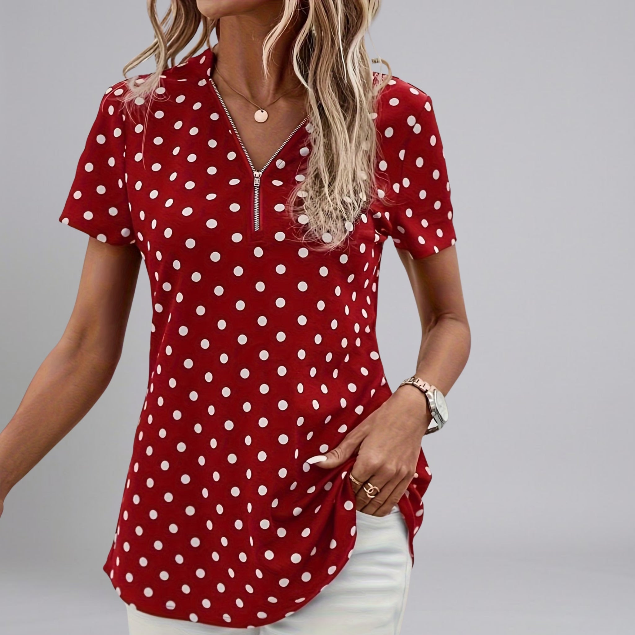 Women’s Short-Sleeve Polka Dot Zipper-Neck Blouse