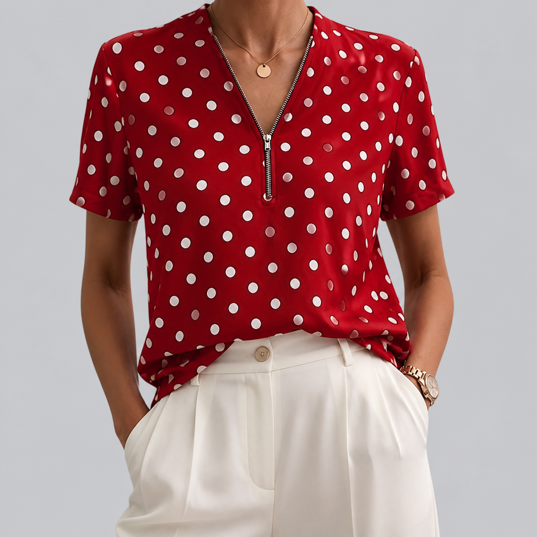 Women’s Short-Sleeve Polka Dot Zipper-Neck Blouse