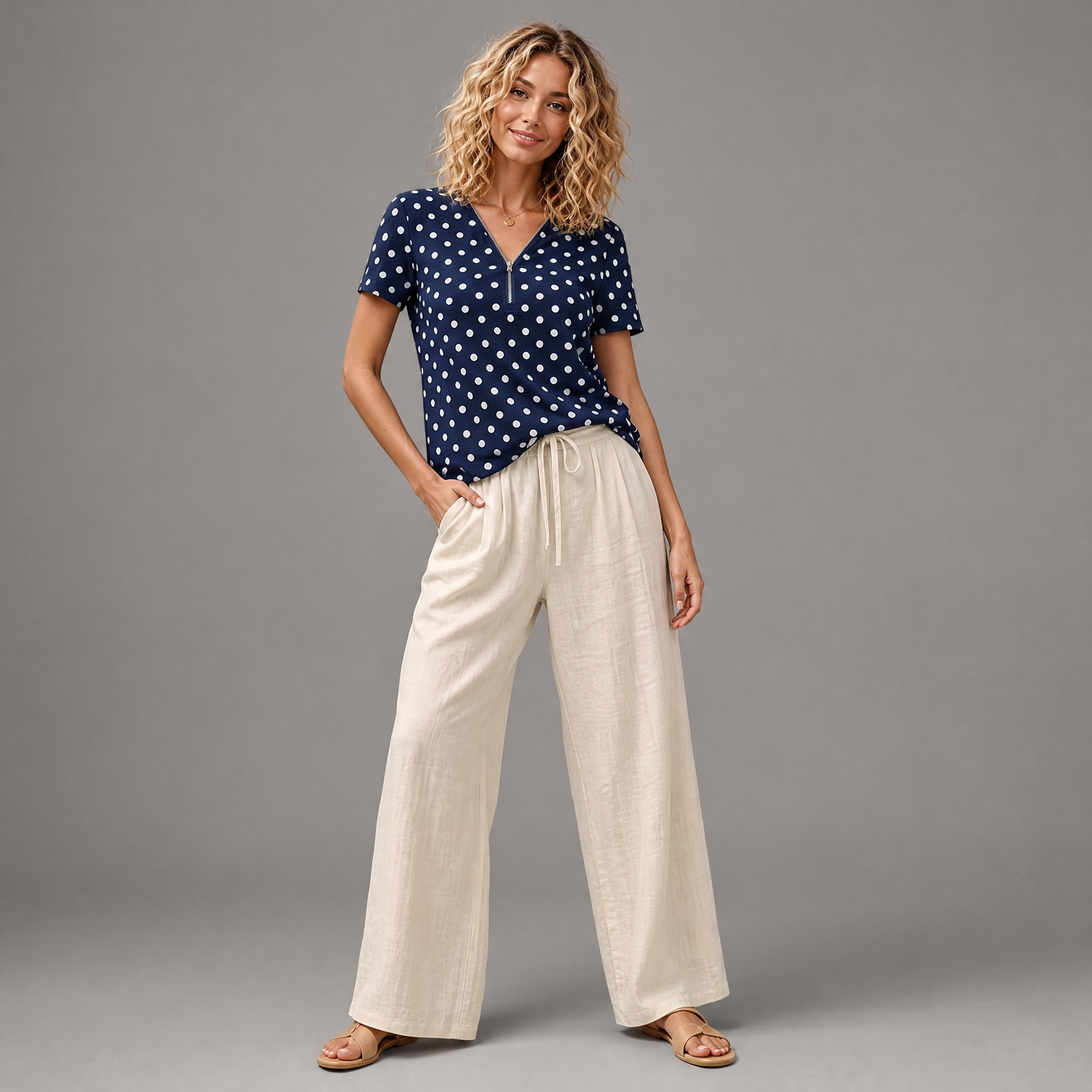 Women’s Short-Sleeve Polka Dot Zipper-Neck Blouse