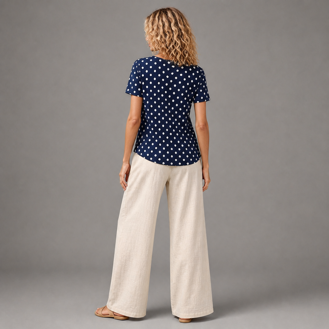 Women’s Short-Sleeve Polka Dot Zipper-Neck Blouse
