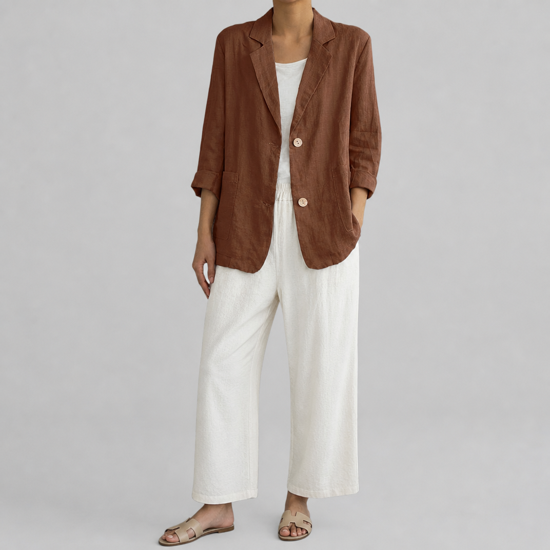 Women’s Single-Breasted Coffee Linen Blazer