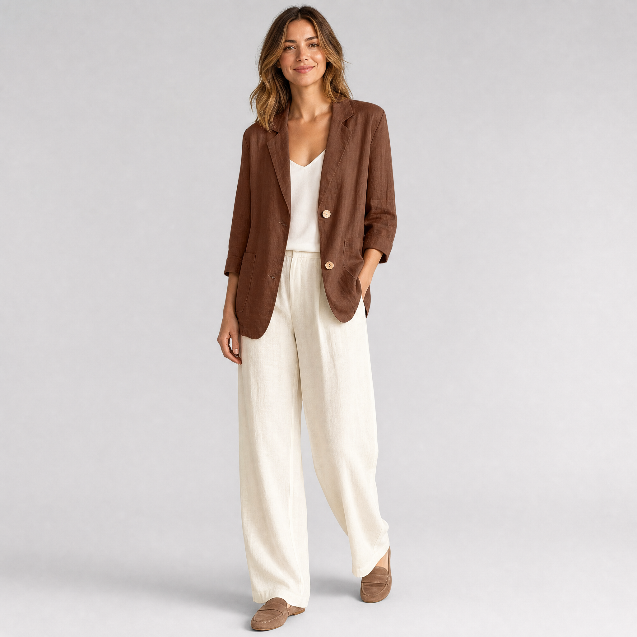 Women’s Single-Breasted Coffee Linen Blazer