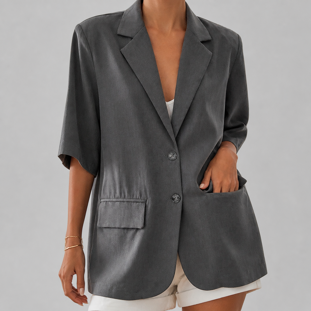 Women’s Smart-Casual Charcoal Short-Sleeve Linen Blazer
