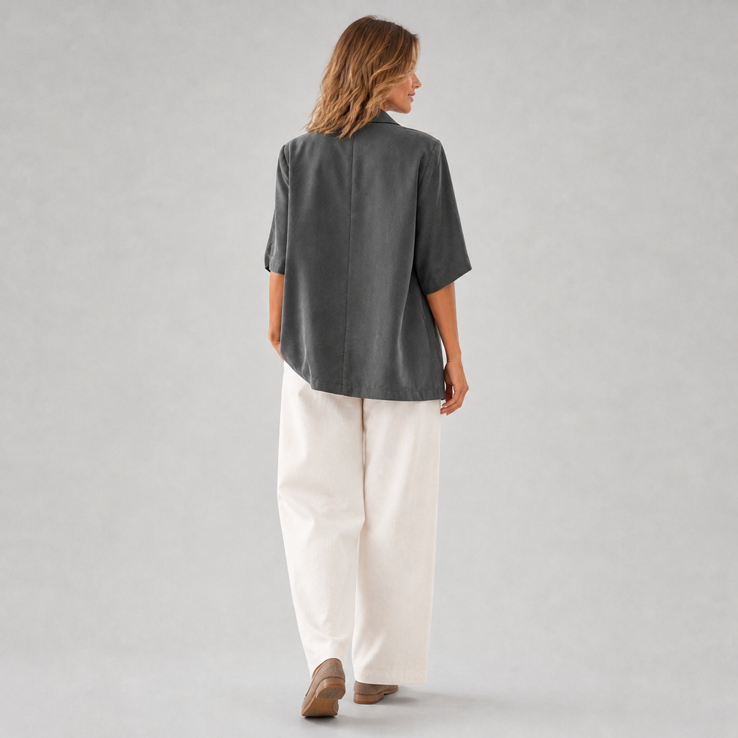 Women’s Smart-Casual Charcoal Short-Sleeve Linen Blazer
