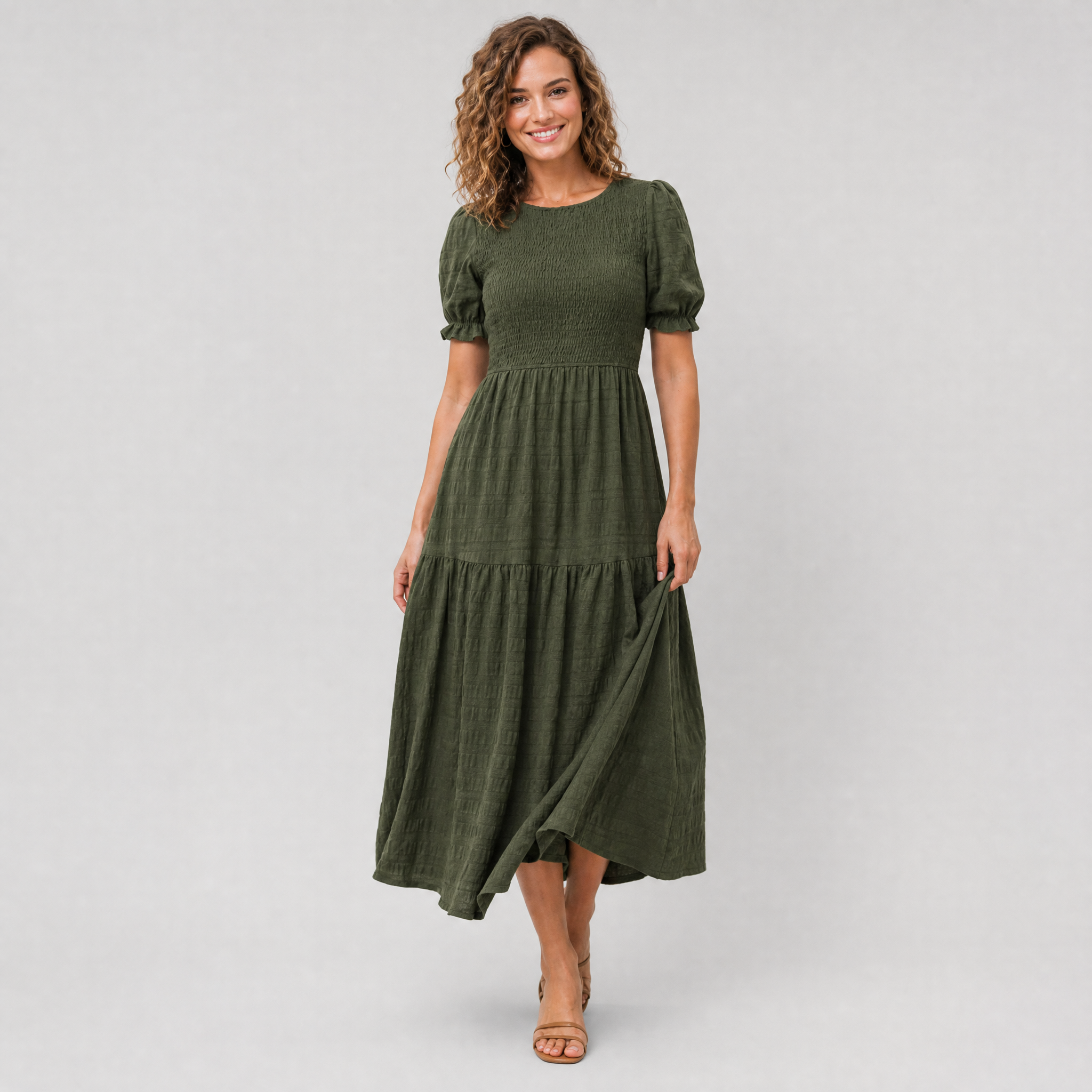 Women’s Smocked Puff-Sleeve Midi Dress