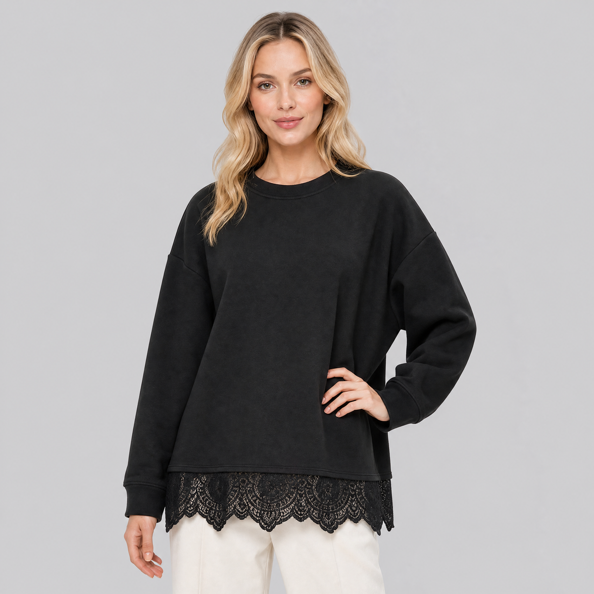 Women's Soft Jersey Lace Hem Sweatshirt