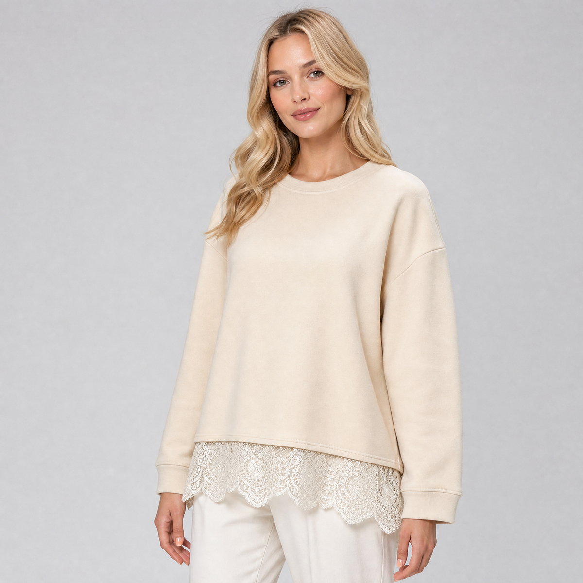 Women's Soft Jersey Lace Hem Sweatshirt