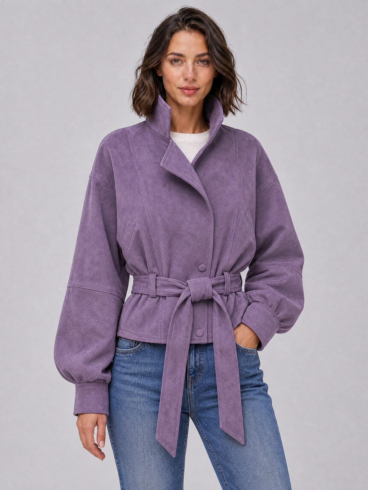 Women's Soft Touch Belted High Neck Short Coat Relaxed Fit