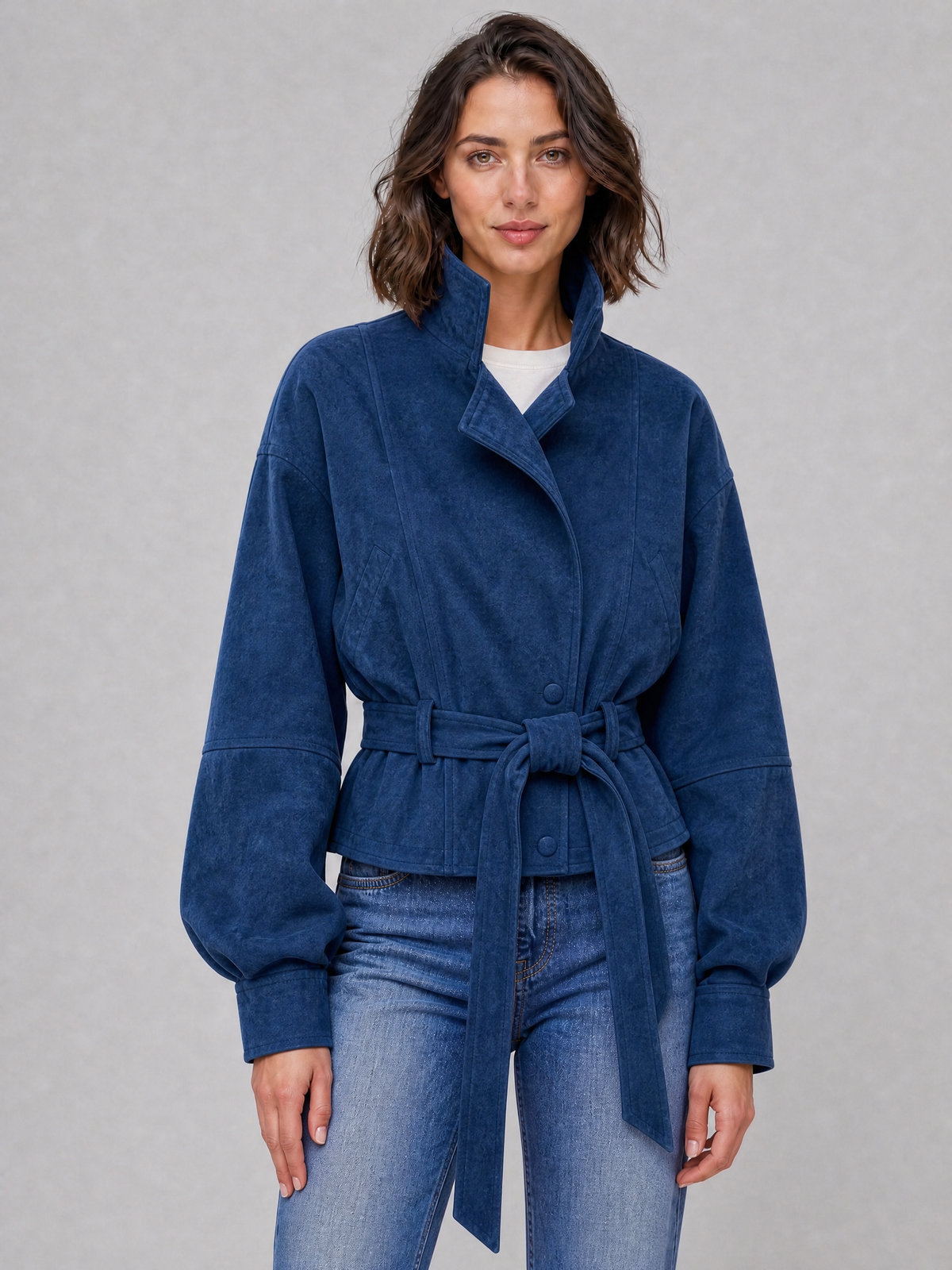 Women's Soft Touch Belted High Neck Short Coat Relaxed Fit