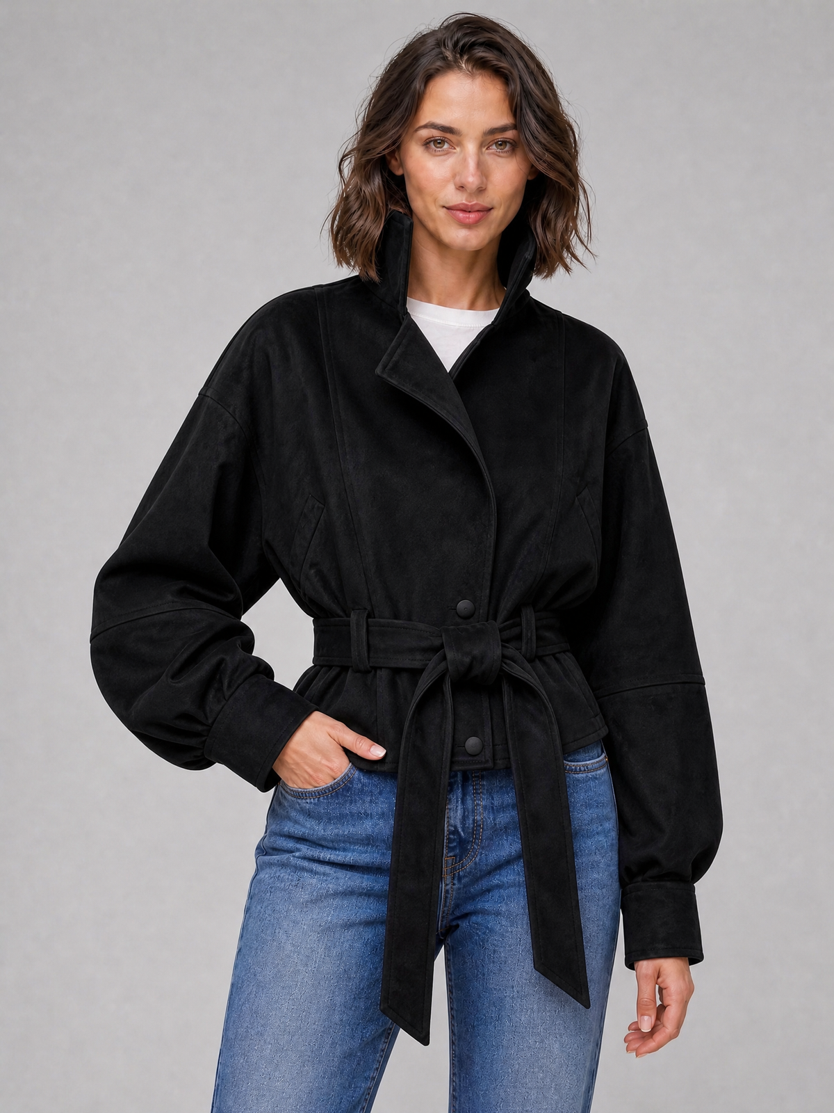 Women's Soft Touch Belted High Neck Short Coat Relaxed Fit
