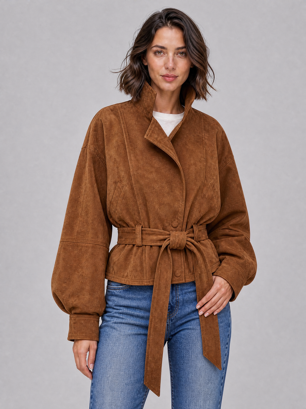 Women's Soft Touch Belted High Neck Short Coat Relaxed Fit