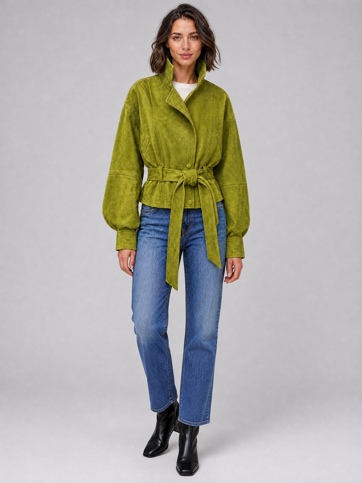 Women's Soft Touch Belted High Neck Short Coat Relaxed Fit