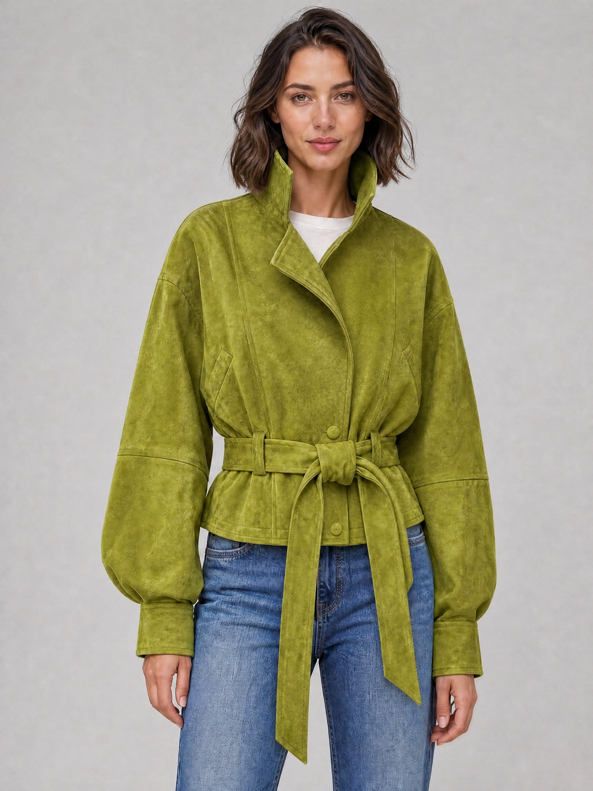 Women's Soft Touch Belted High Neck Short Coat Relaxed Fit