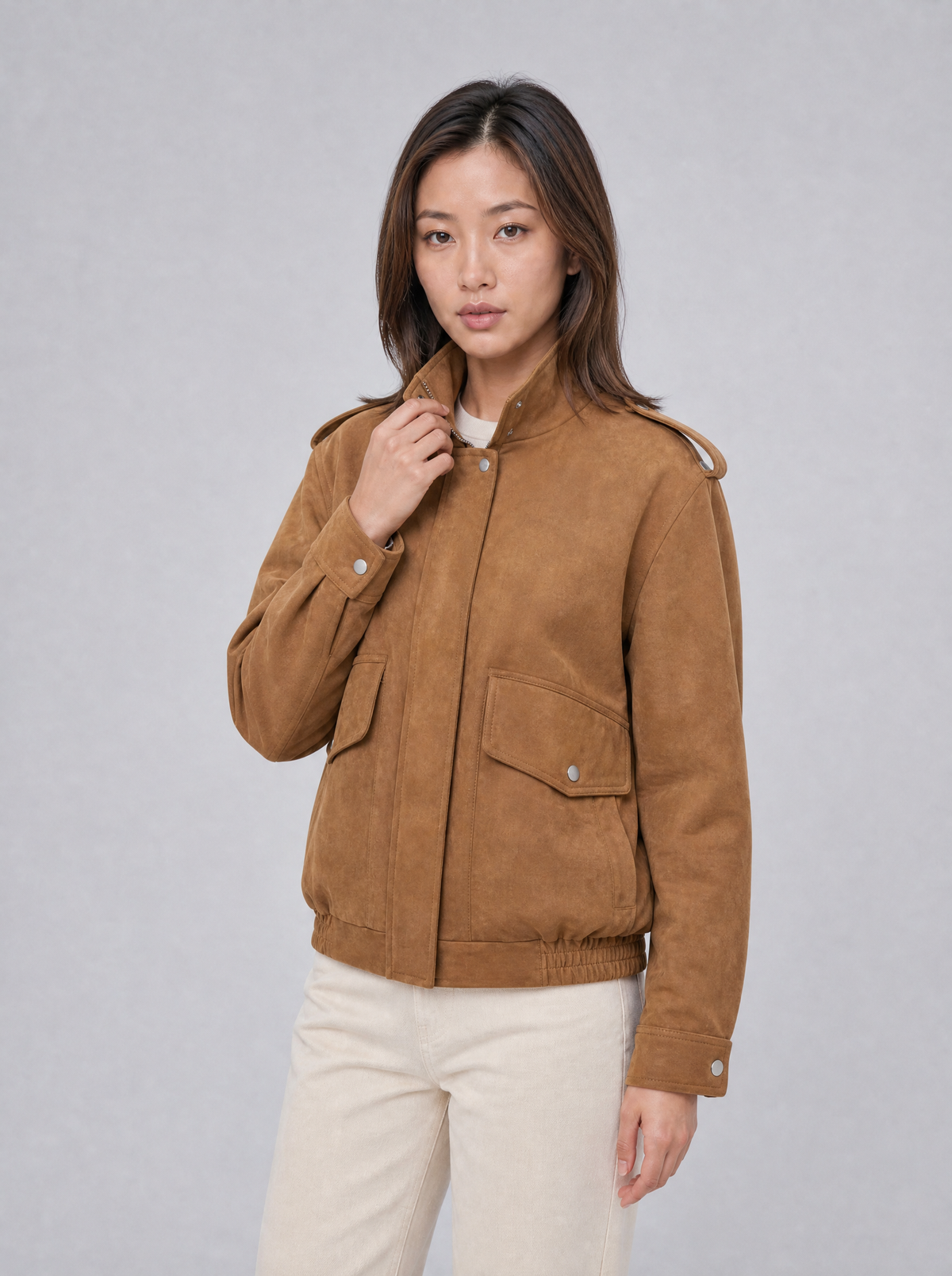 Women's Soft Touch Brushed Funnel Neck Bomber Jacket Relaxed Fit - product view 7