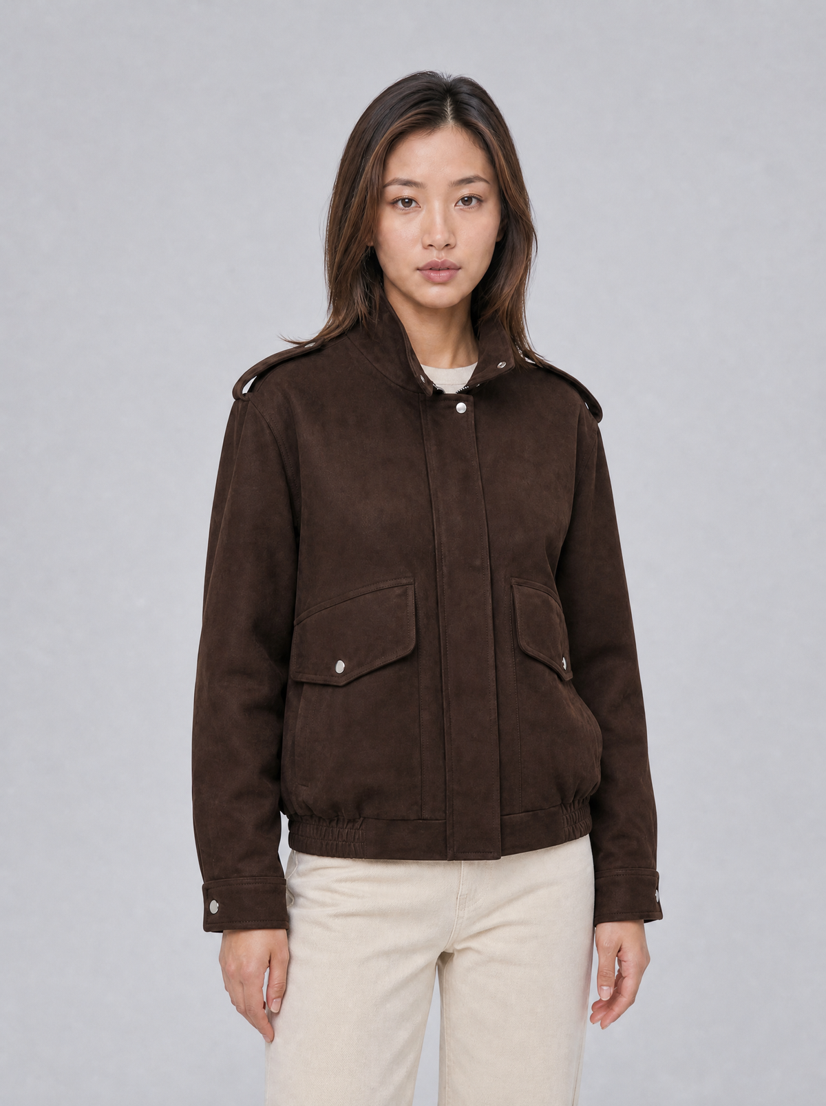 Women's Soft Touch Brushed Funnel Neck Bomber Jacket Relaxed Fit - product view 5