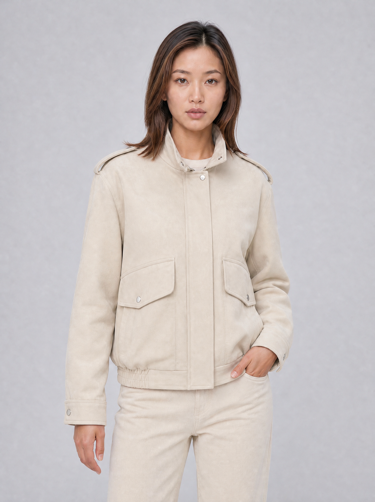 Women's Soft Touch Brushed Funnel Neck Bomber Jacket Relaxed Fit - product view 6