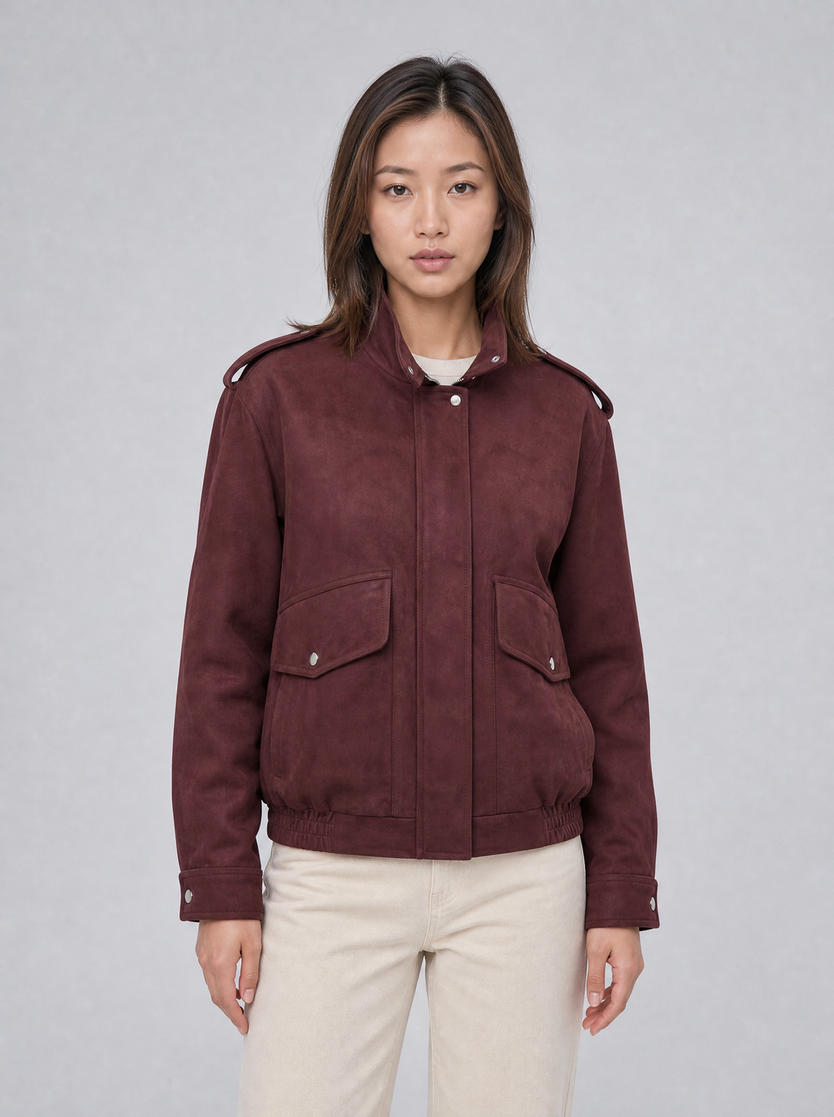 Women's Soft Touch Brushed Funnel Neck Bomber Jacket Relaxed Fit - product view 3