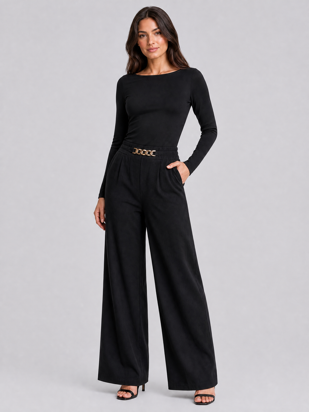 Women's Soft-Touch High-Waisted Wide-Leg Chain Trousers