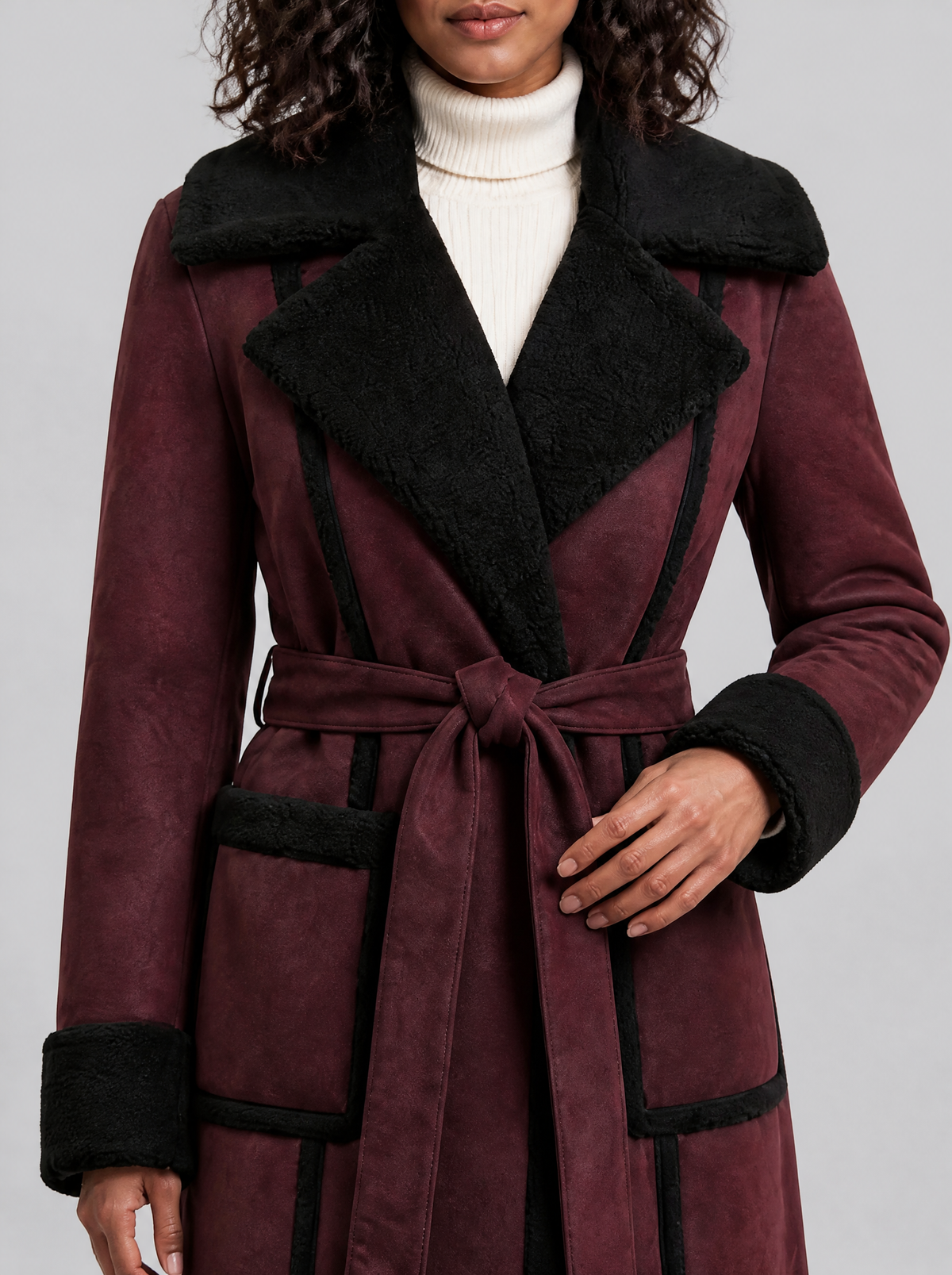 Women's Soft Touch Faux Shearling Trimmed Belted Overcoat Tailored Fit - product view 4