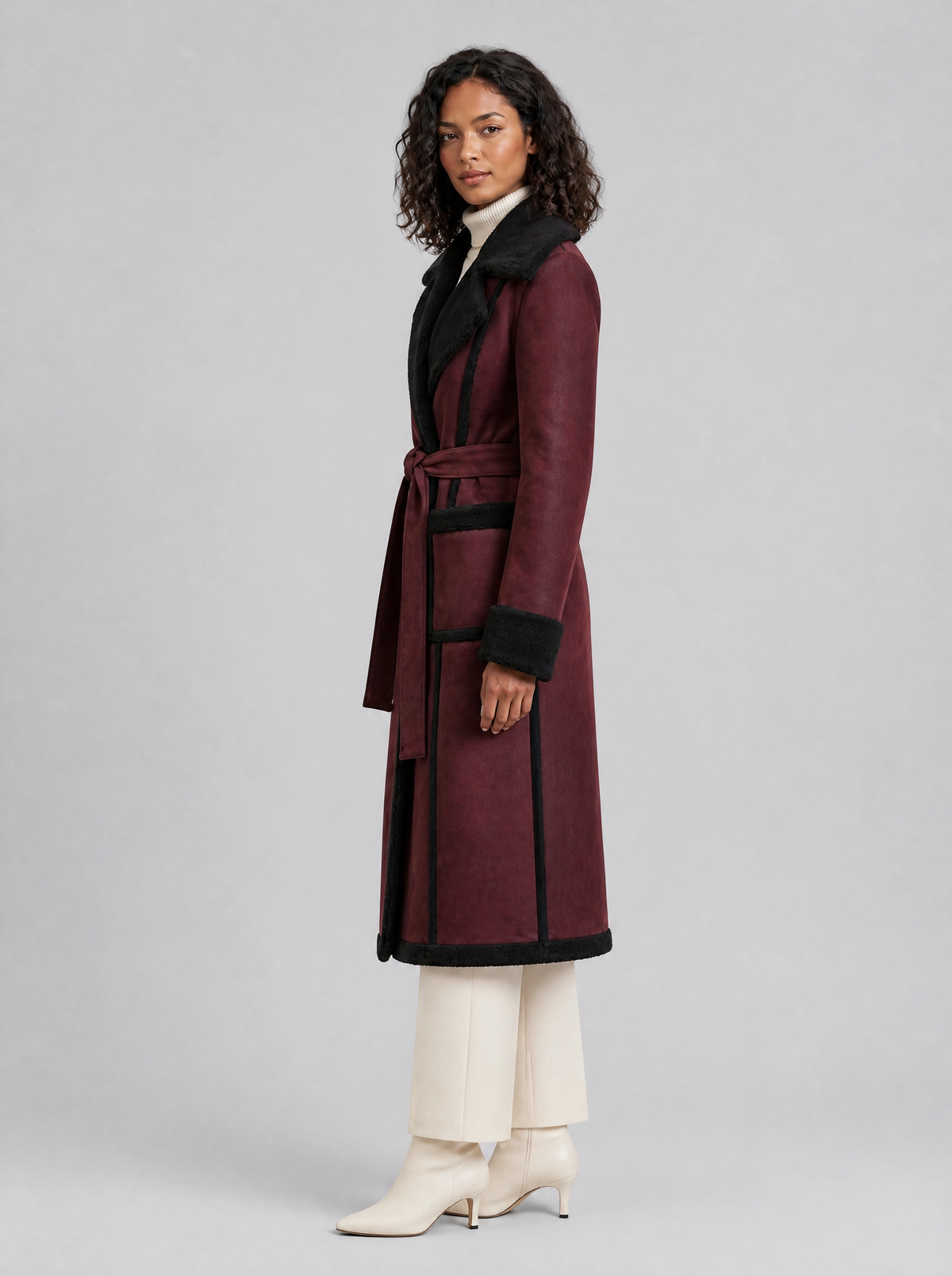 Women's Soft Touch Faux Shearling Trimmed Belted Overcoat Tailored Fit - product view 2