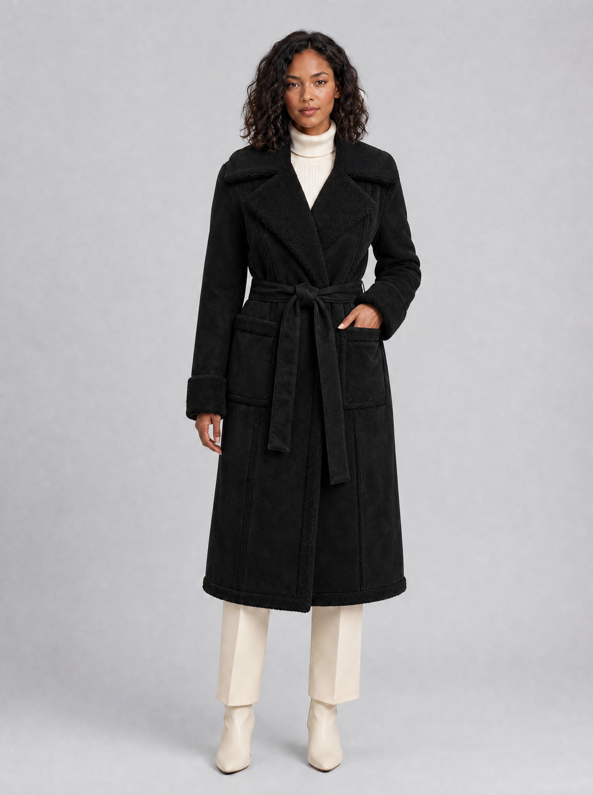 Women's Soft Touch Faux Shearling Trimmed Belted Overcoat Tailored Fit - product view 6