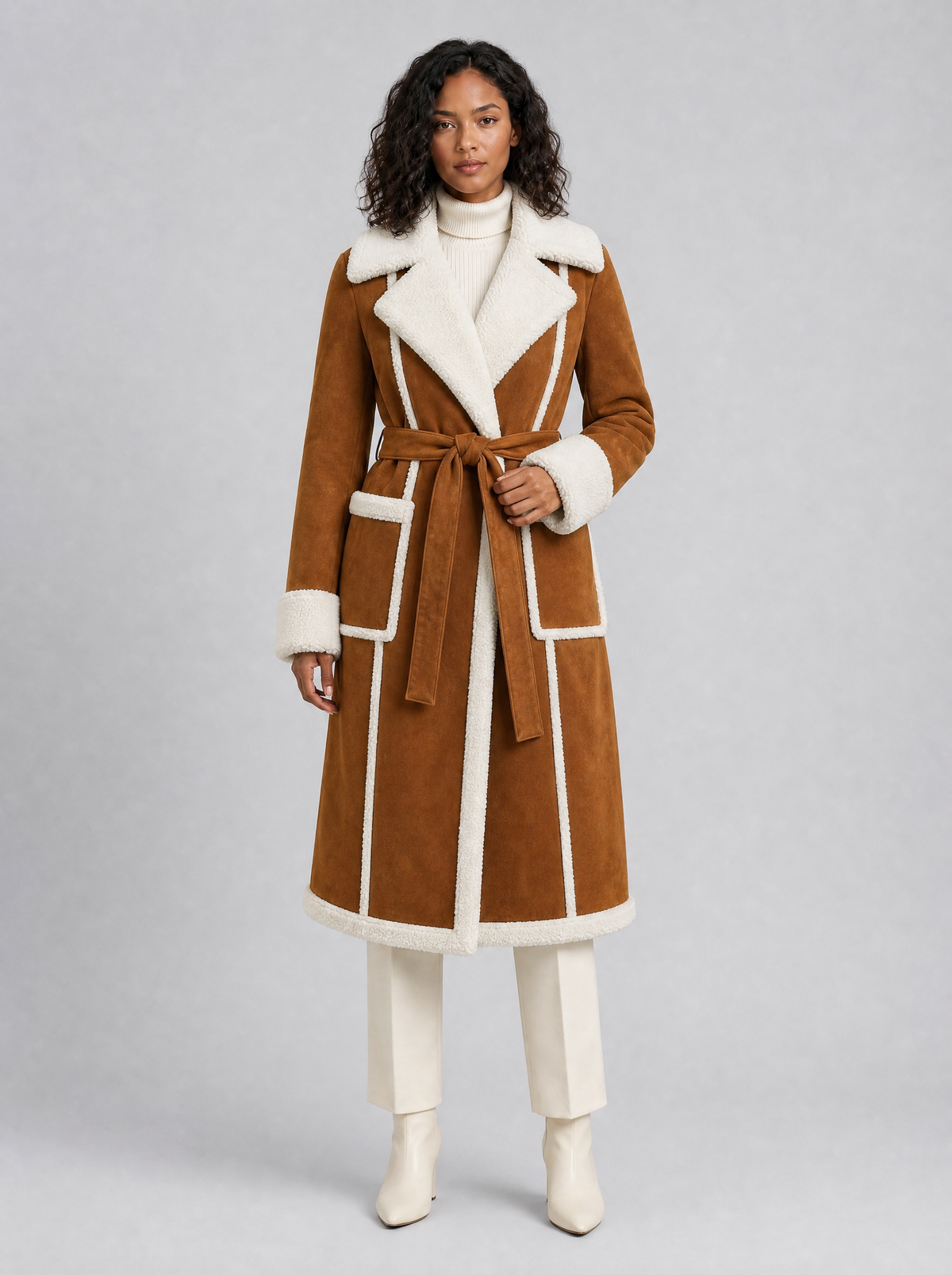 Women's Soft Touch Faux Shearling Trimmed Belted Overcoat Tailored Fit - product view 5
