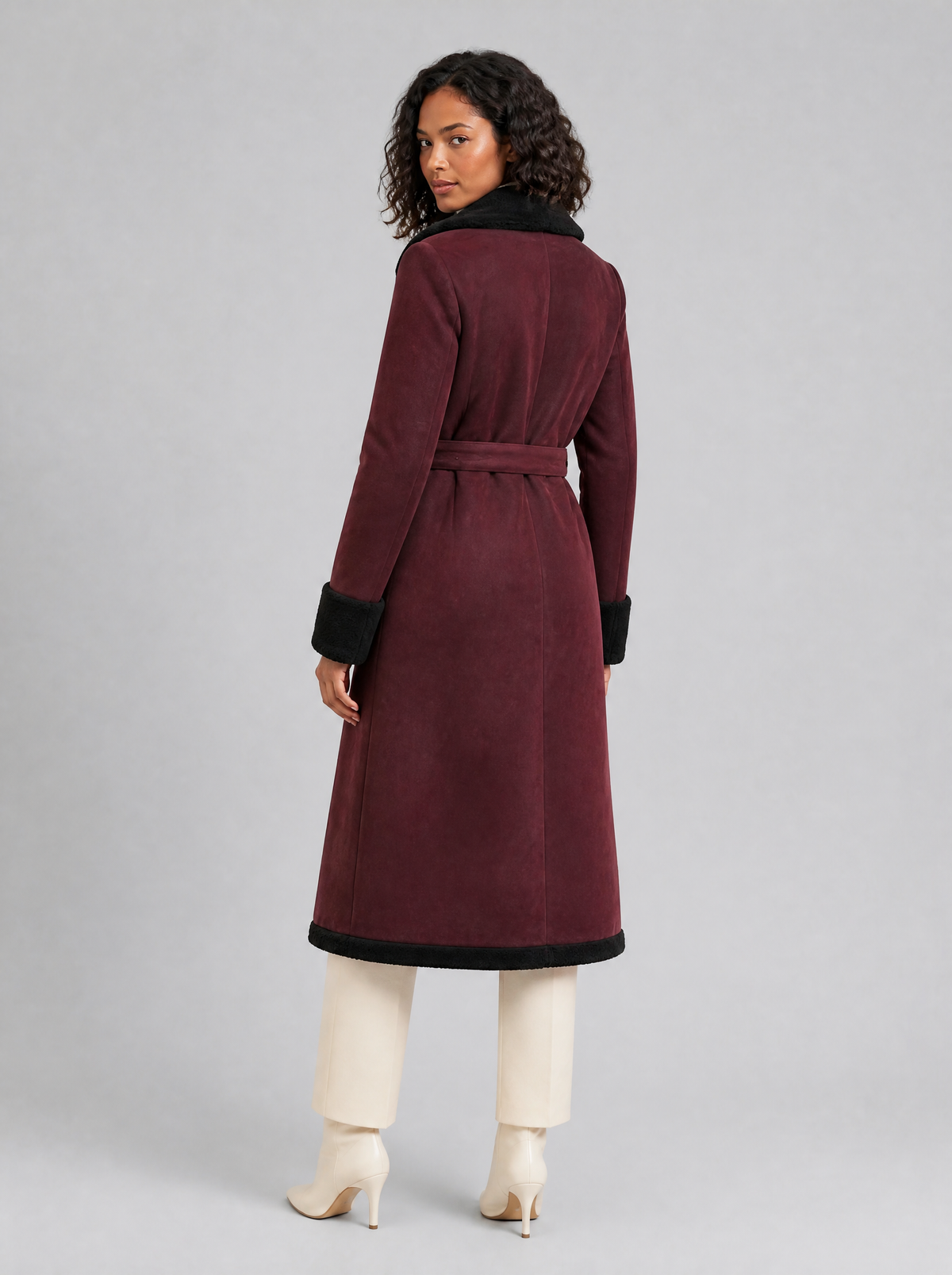 Women's Soft Touch Faux Shearling Trimmed Belted Overcoat Tailored Fit - product view 3