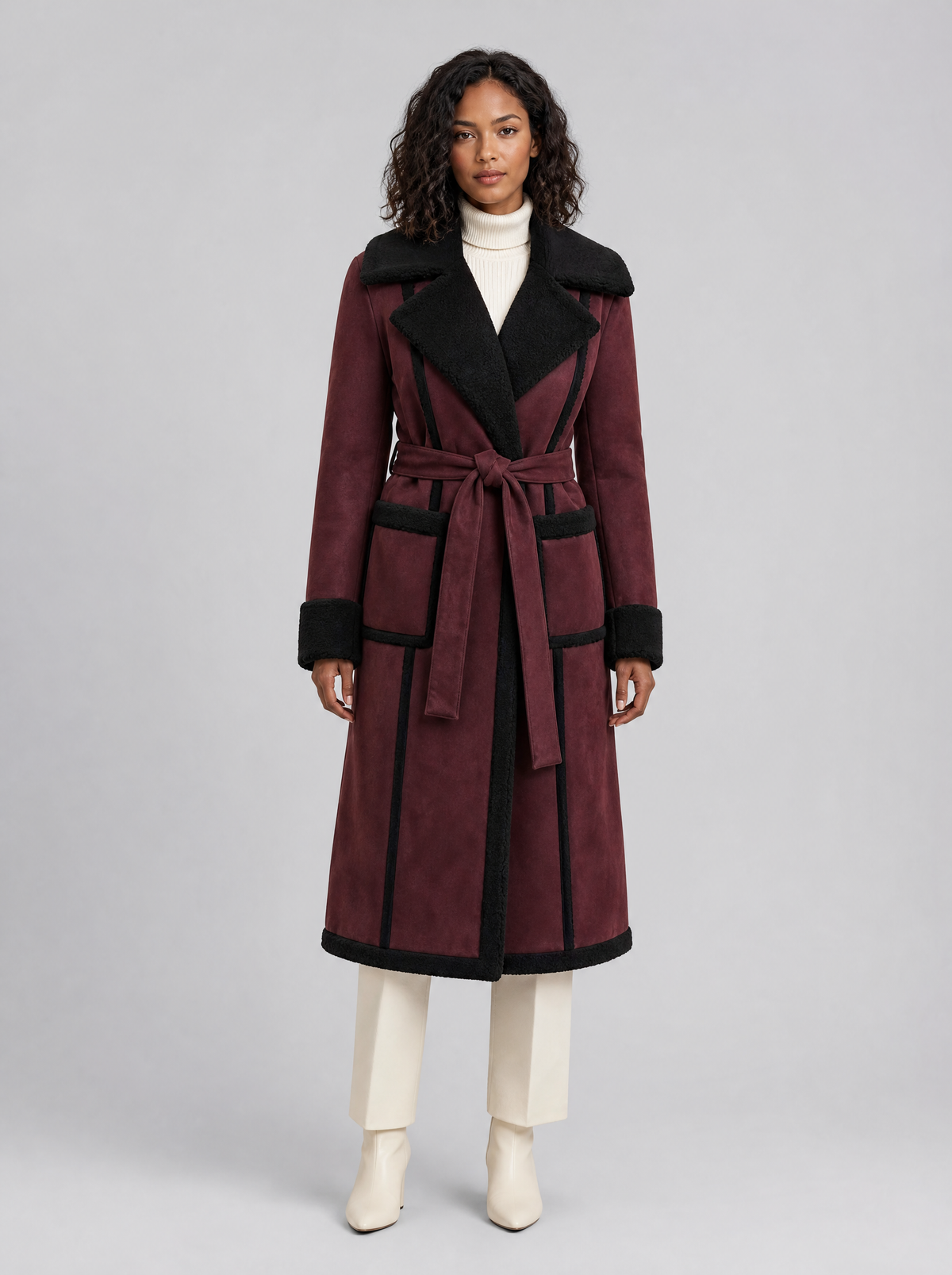 Women's Soft Touch Faux Shearling Trimmed Belted Overcoat Tailored Fit - product view 1