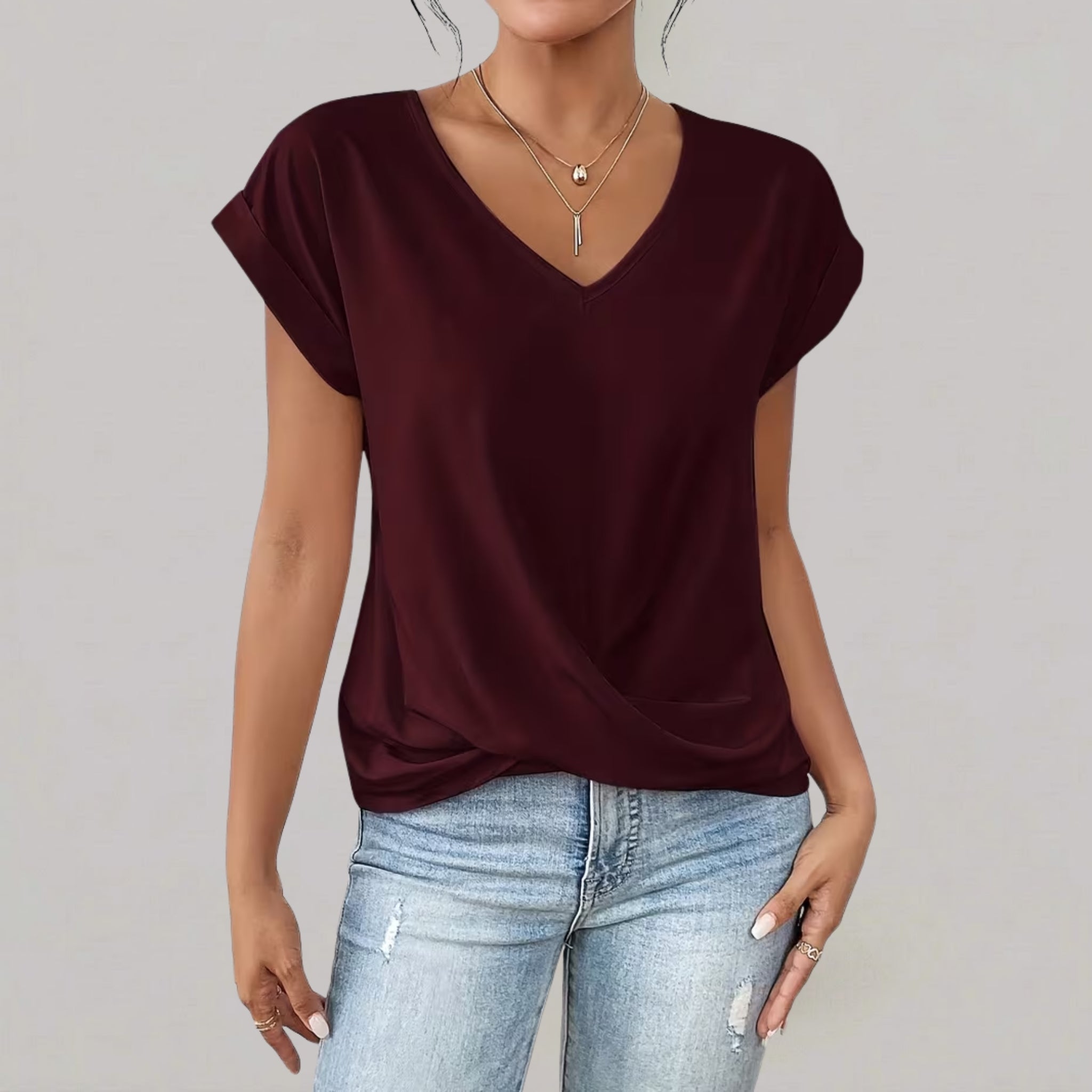 Women’s Solid Twisted-Front V-Neck T-Shirt