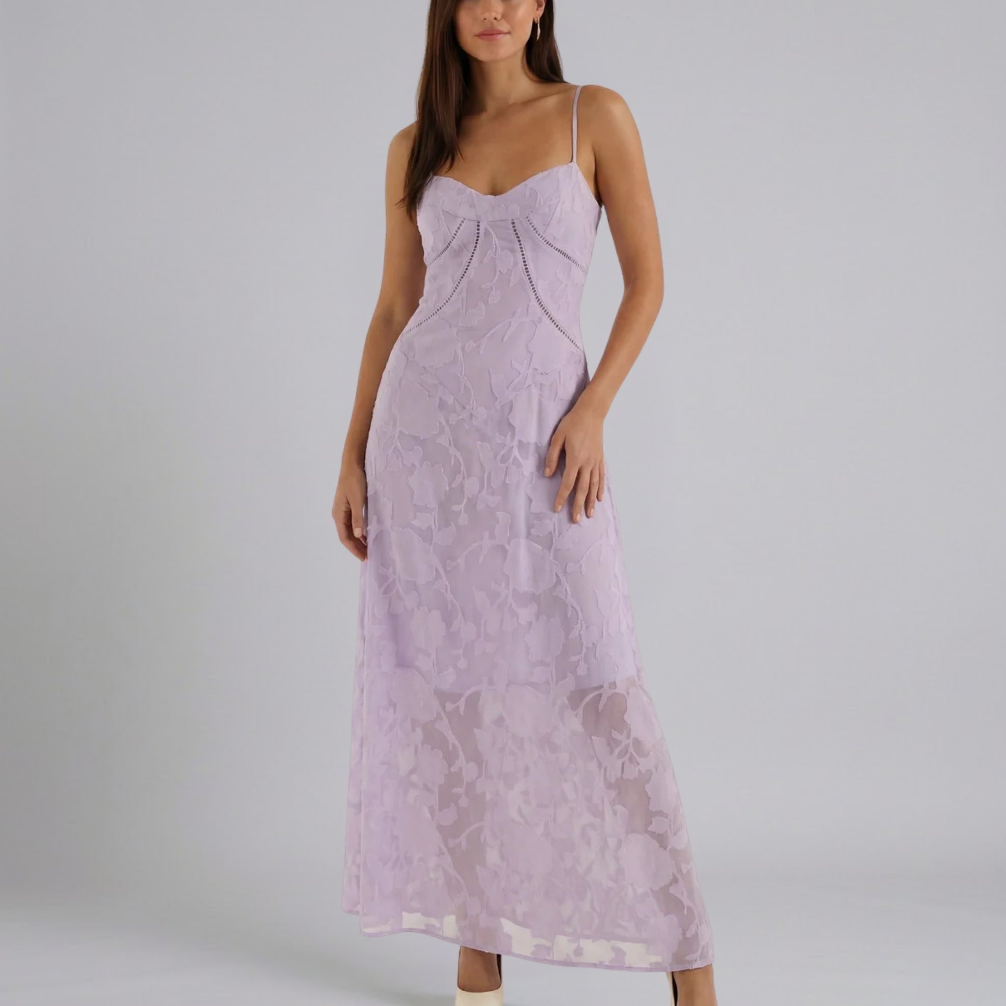 Women’s Spaghetti-Strap Floral-Jacquard Lace-Trim Maxi Dress
