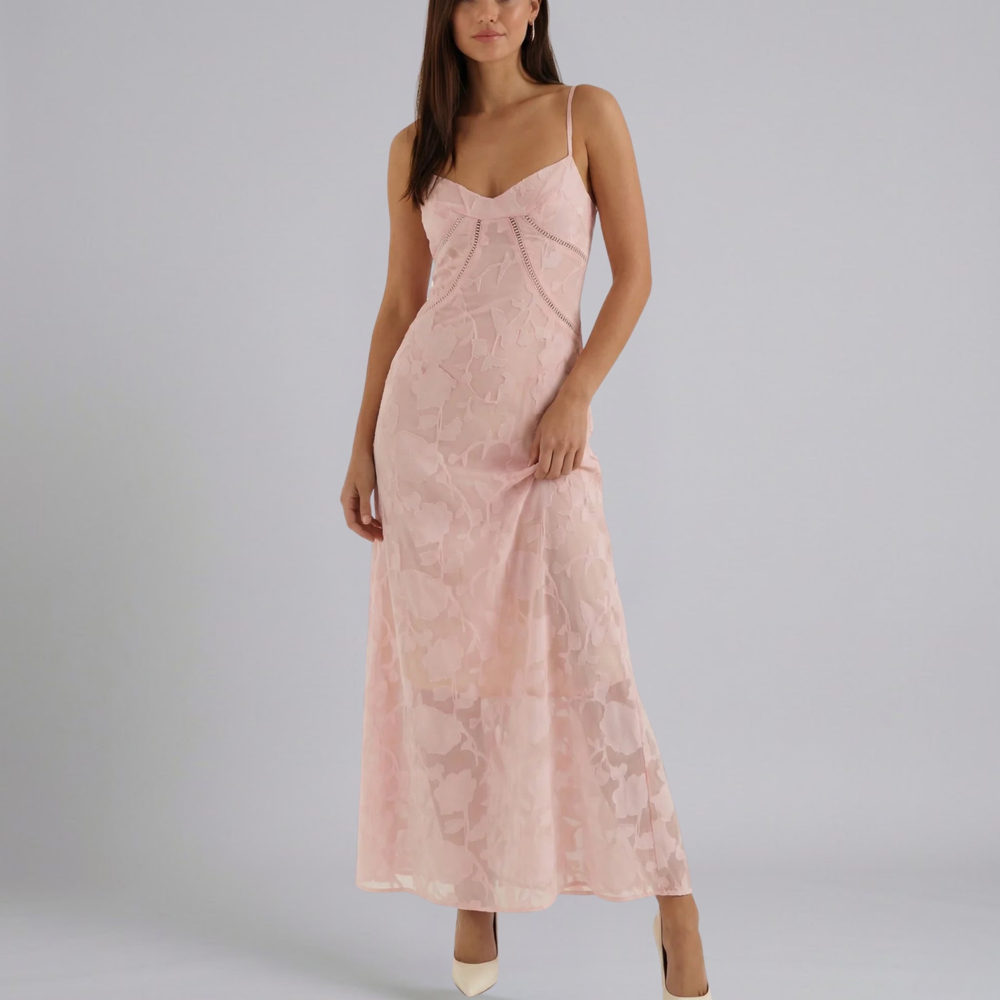 Women’s Spaghetti-Strap Floral-Jacquard Lace-Trim Maxi Dress