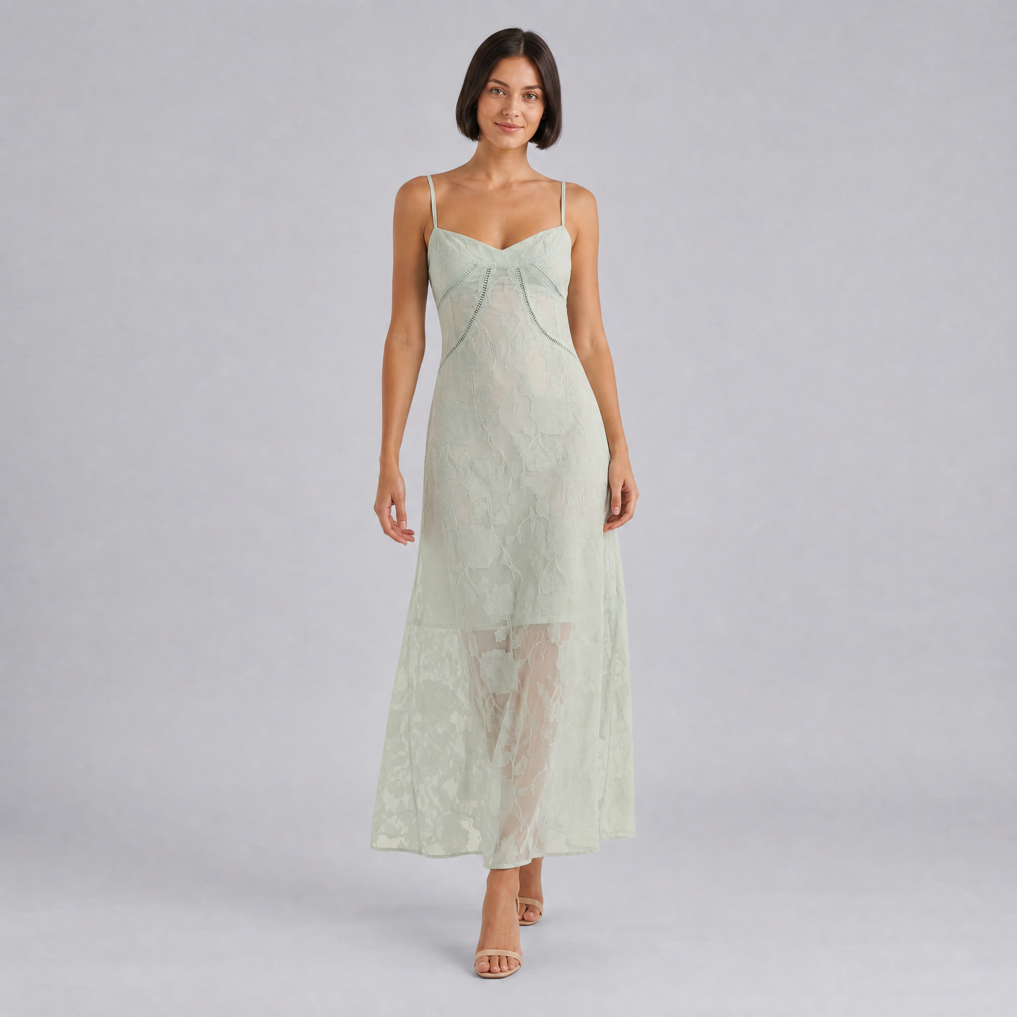 Women’s Spaghetti-Strap Floral-Jacquard Lace-Trim Maxi Dress