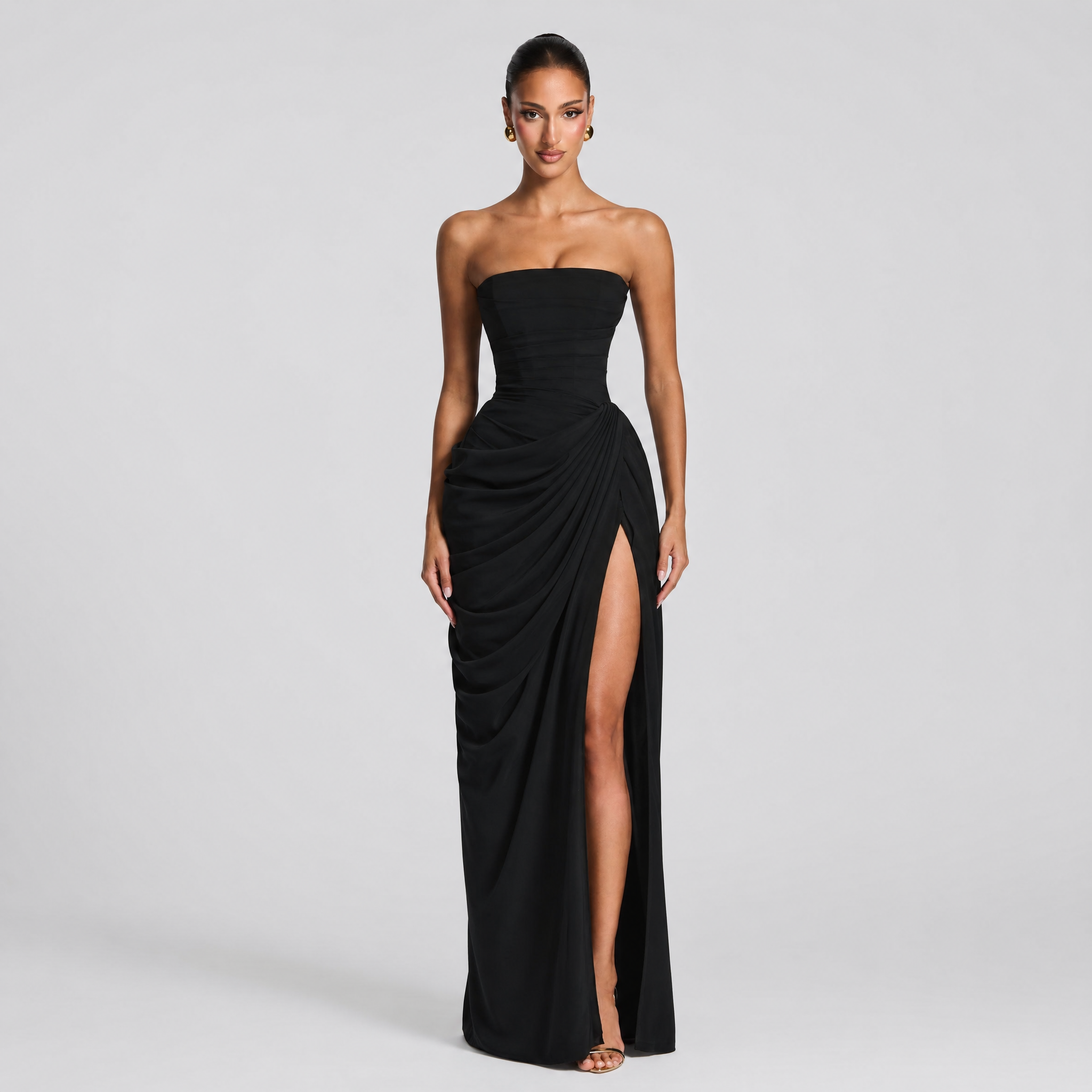 Women's Strapless Draped Maxi Dress – Formal Gala Dress