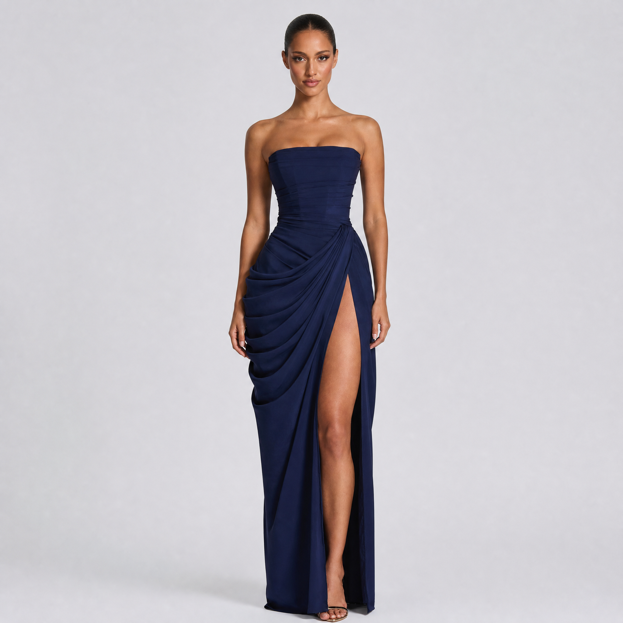 Women's Strapless Draped Maxi Dress – Formal Gala Dress